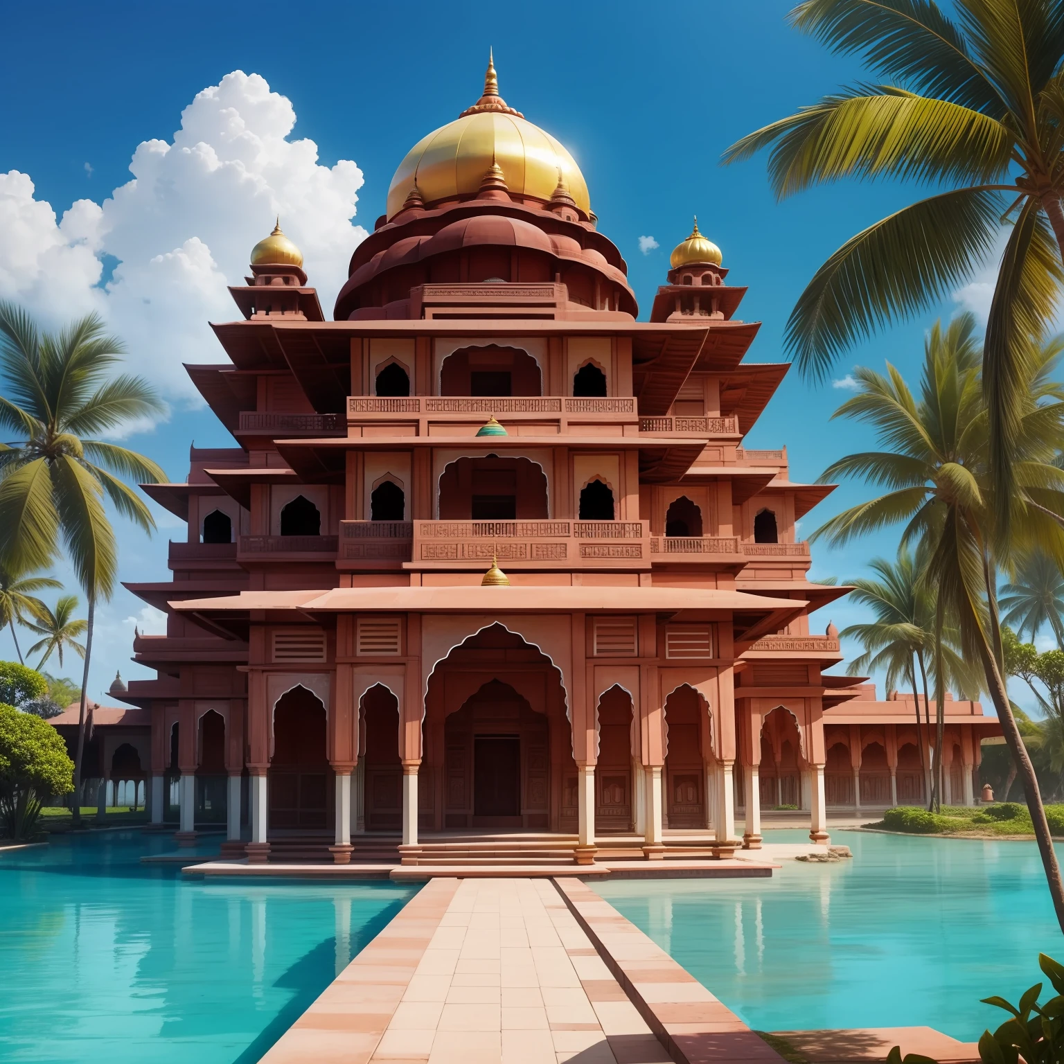 indian hindu giant palace, tropical island, sunny, anime style, indian aesthetics, hindu aesthetics, dome roofs