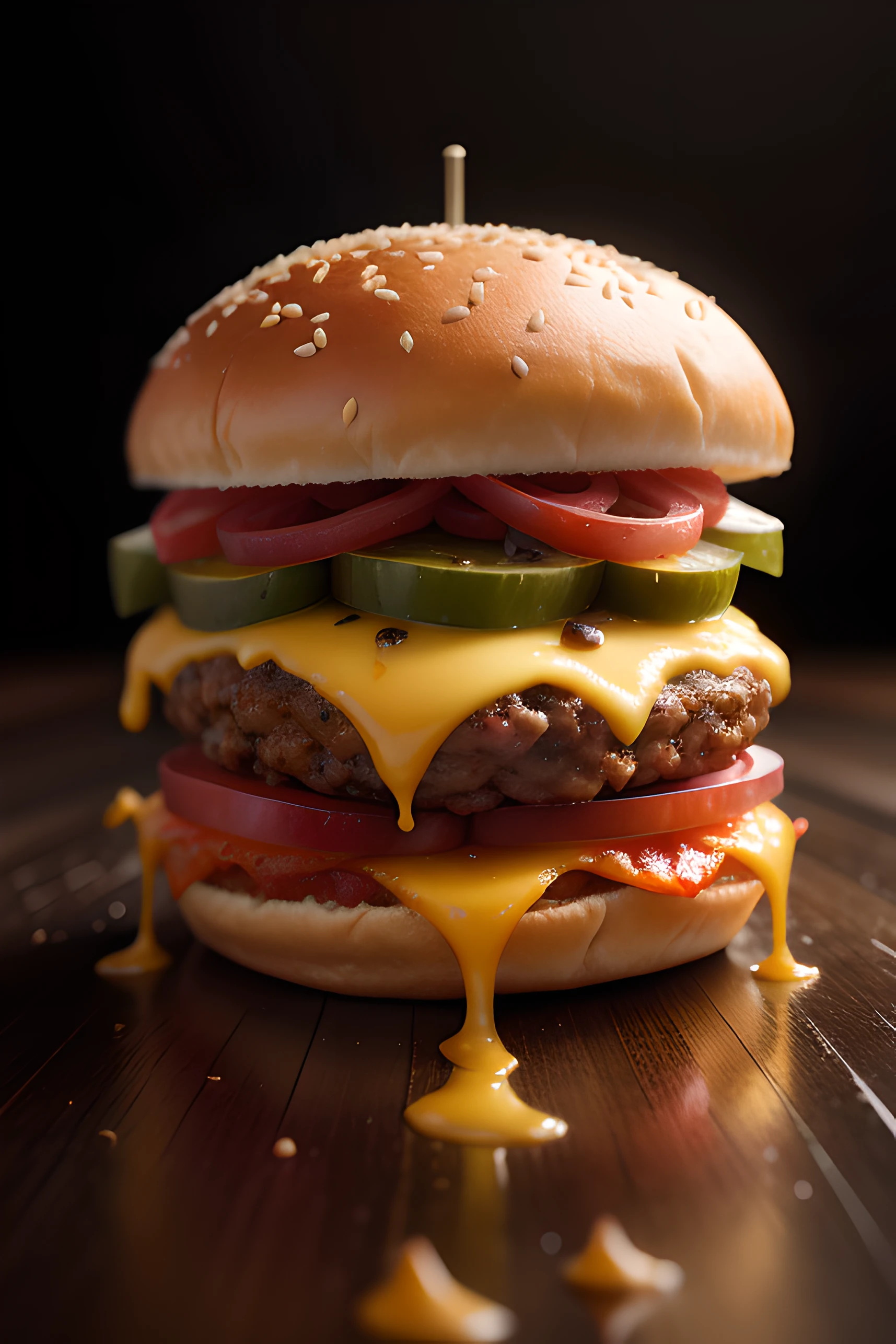 product shot of ultra realistic juicy cheeseburger against a dark background, two tone lighting, advertisement, octane, unreal