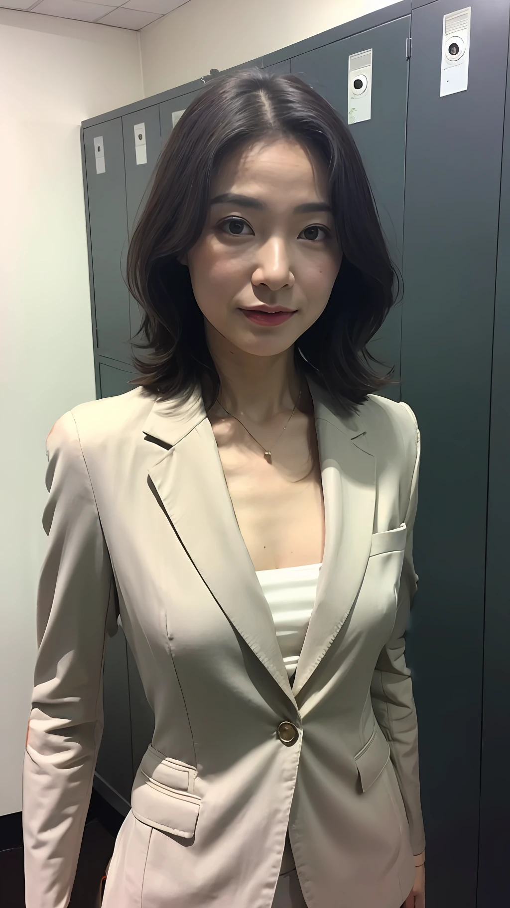 Woman in a tan suit standing in front of lockers in a room - SeaArt AI