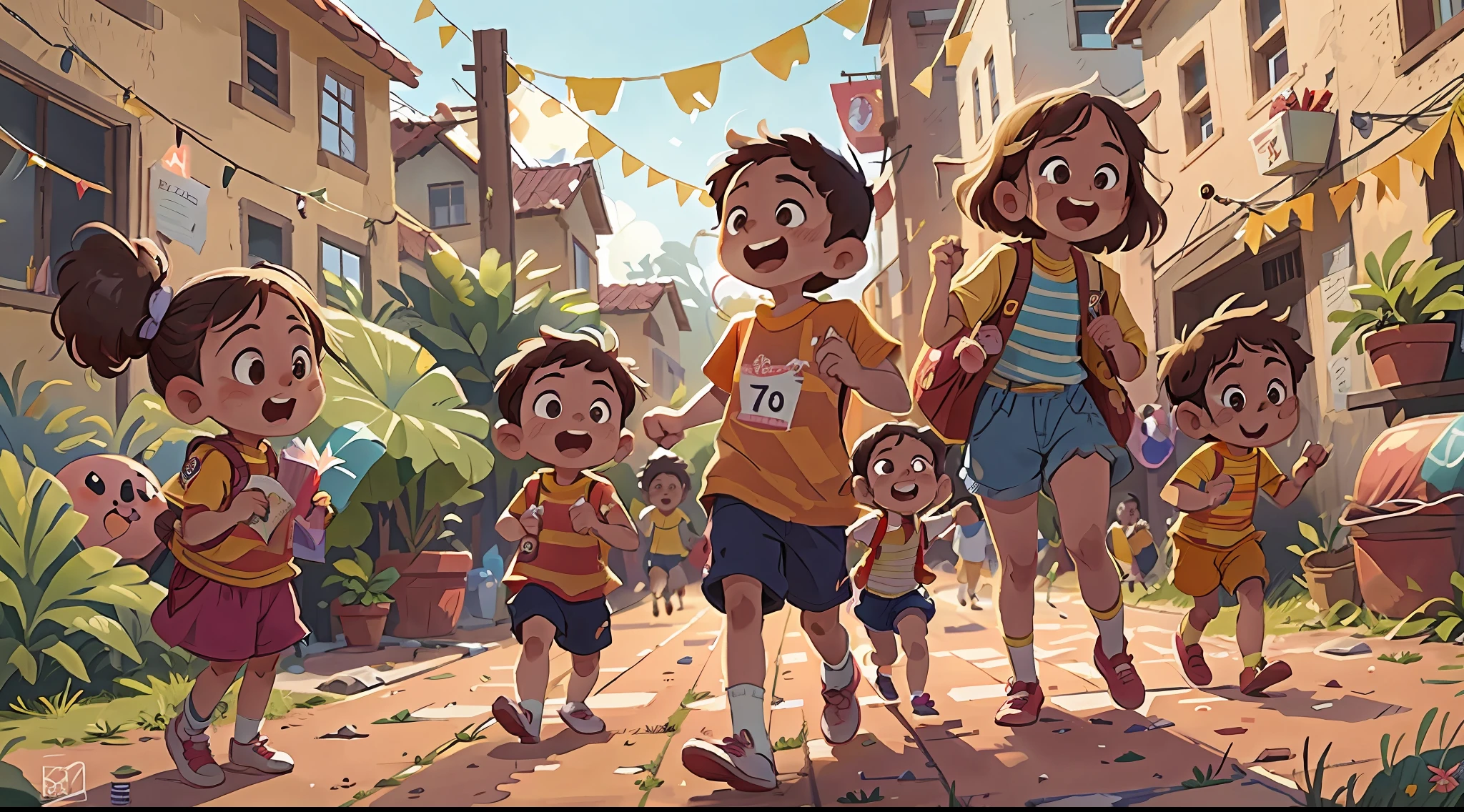 Title: “The Mysterious Invitation” Prompt: Create an ultra-childish image that represents the exciting moment when a group of children receive a mysterious invitation to participate in a special event called “The Great Race of Smiles”. The scene must take place in a small town called Alegrolândia, in Africa. The children, 5-year-old João, 6-year-old Sofia, 7-year-old Pedro and 7-year-old Alice, are gathered in a square decorated with colorful balloons and banners with the phrase “Smile, the race will start!". The children's facial expressions should convey joy and curiosity as they hold the invitation in their hands and prepare for the most special race of their lives. Use vibrant colors and elements that refer to African culture to enrich the image.