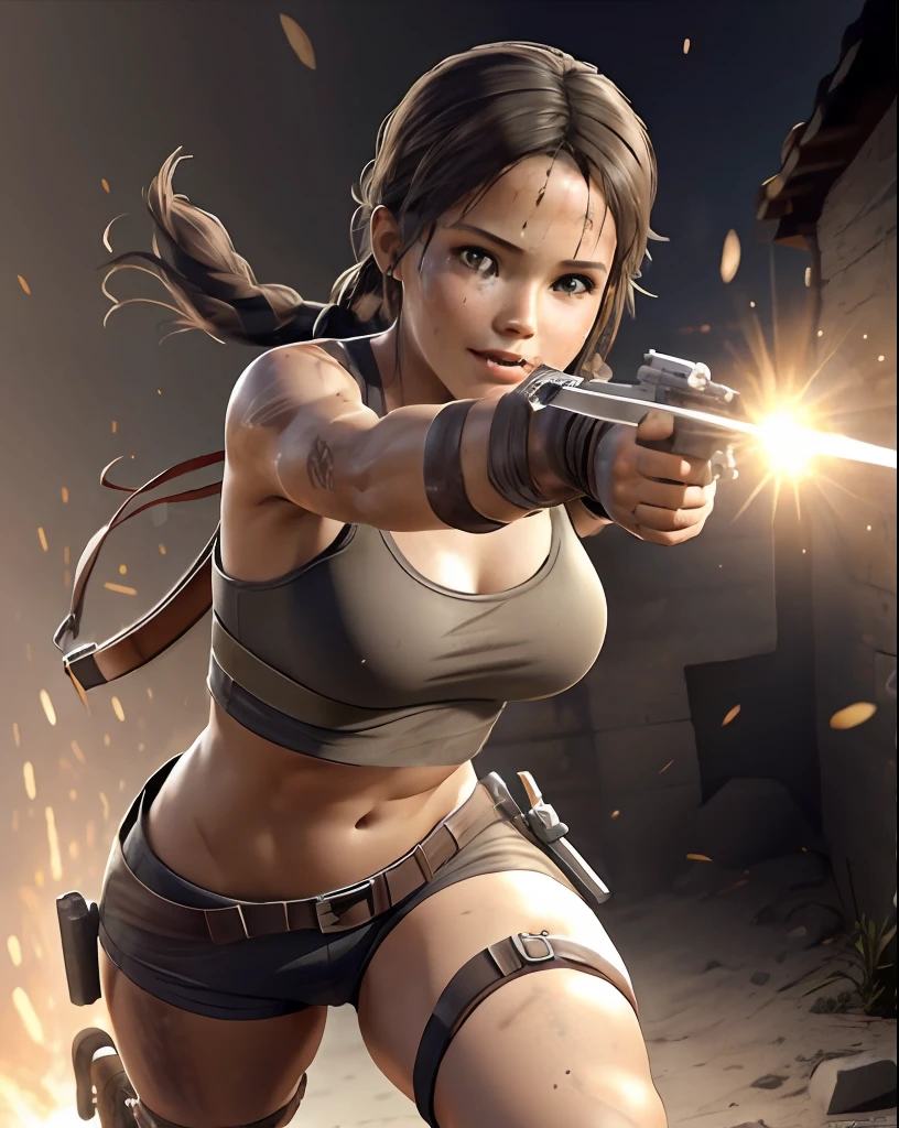 La mejor calidad,1girl, babyface, They are smiling, Lindo, c4d, tomb raider, Action Movement, Action Pose. Cuerpo completo, saltando