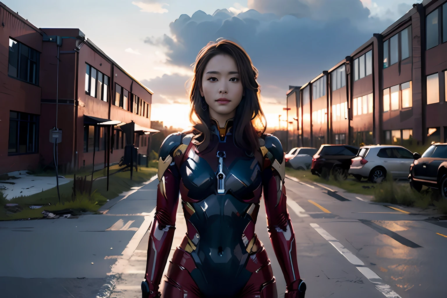 8k, realistic, attractive, highly detailed, a 27 year old girl a sexy and attractive woman inspired by Iron Man wearing a shiny swimming suit style Iron Man mech. She dresses with sexiness and confidence, perfectly interpreting Iron Man&#39;s strength and charisma. The abandoned warehouse serves as a backdrop, creating a unique atmosphere that highlights her bravery and perseverance. The cloudy sky adds a sense of tension and mystery to the whole scene. This high-definition, high-quality picture will bring you a shocking visual experience. The detailed abandoned warehouse and shiny mechs will keep your eyes on you. oc rendering, dramatic lighting, award winning quality