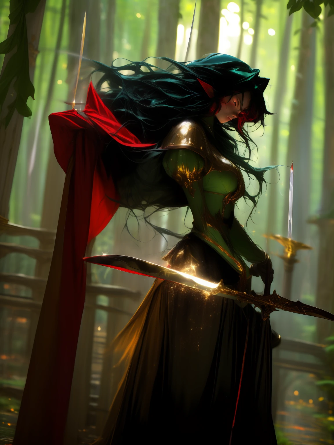 ((masterpiece)), ((best quality)), 8k, high detailed, ultra-detailed, long black hair, elven swordswoman in a Western magical setting, exuding a confident and heroic aura, ((enchanted sword)), ((flowing red cape)), ((mystical forest)), ((sparkling amulets)), green & gold armor,