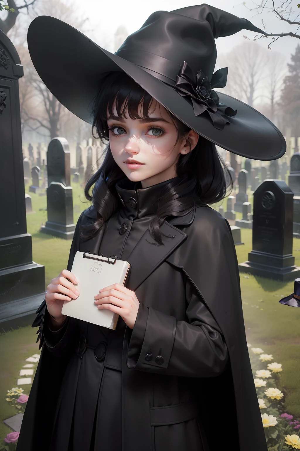 Um tafophile bonito e perfeito, (((rosto perfeito))) , (((perfect hands), in a graveyard, in black coat and hat, holding a camera and a small notebook, cercado por sepulturas e flores, com uma atmosfera de floresta ensolarada"
