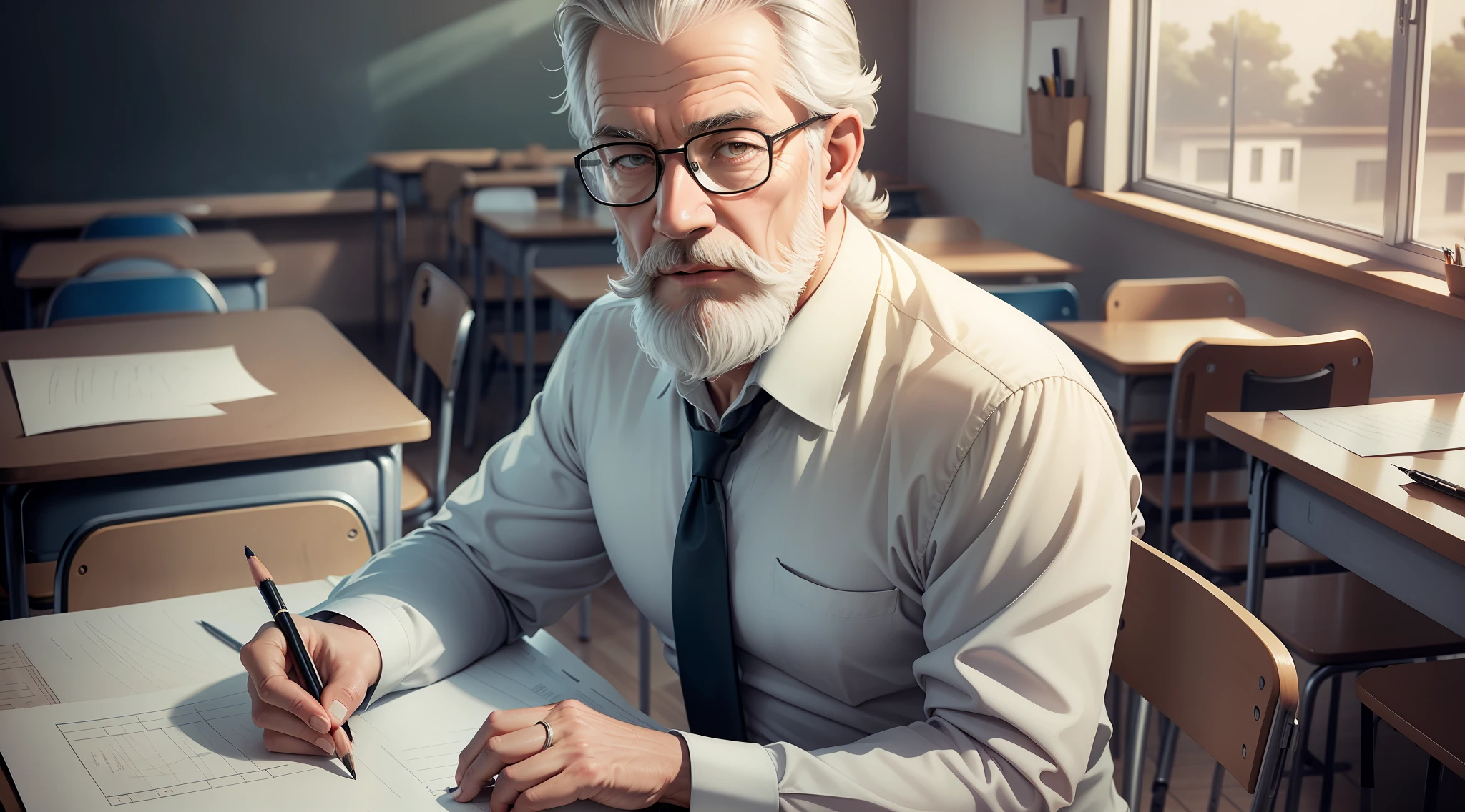 Drawing, ultra realistic, 8k, extremely detailed, in the best quality, a man, looking 50 years, teacher, with beard, and glasses, in a classroom.