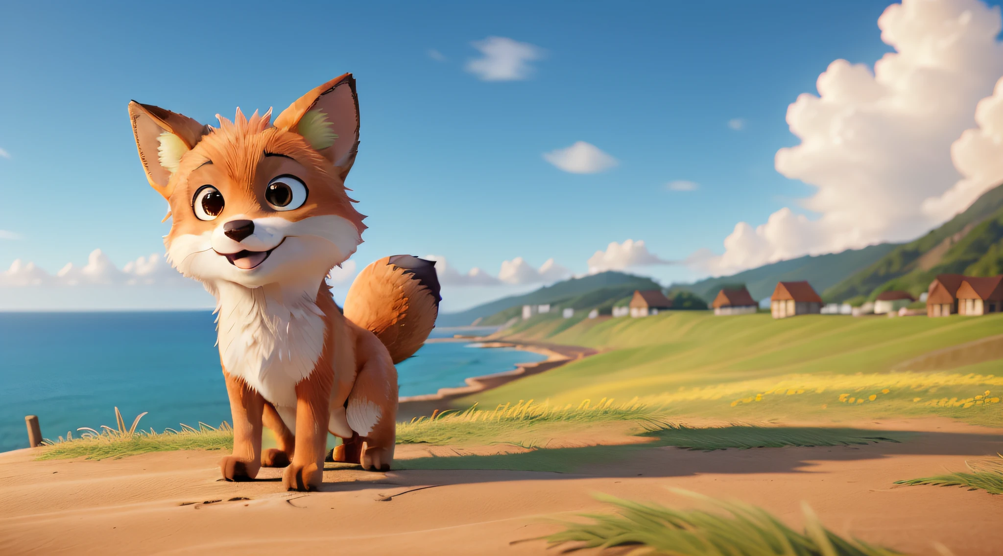 "A cute and energetic fox cub frolicking in a picturesque open field with the mesmerizing sea as the backdrop. - (Best quality), (masterpiece), (detailed: 1.4), 3D."