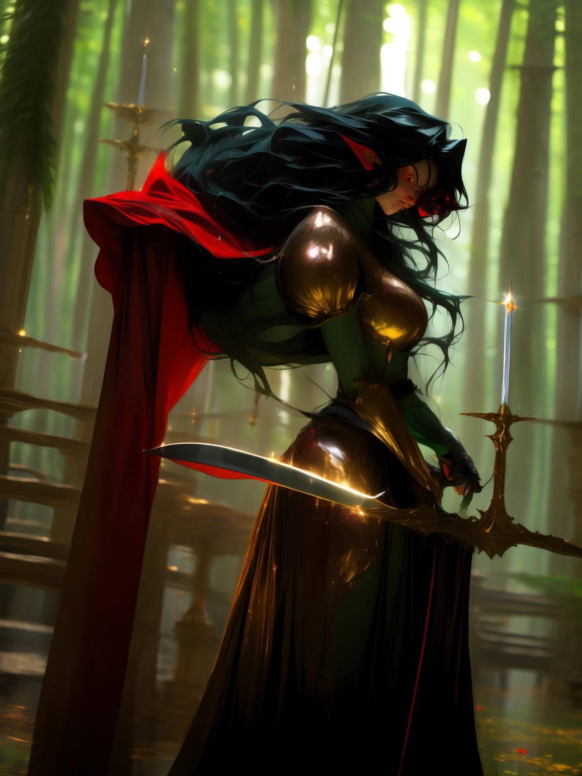((masterpiece)), ((best quality)), 8k, high detailed, ultra-detailed, long black hair, elven swordswoman in a Western magical setting, exuding a confident and heroic aura, ((flowing red cape)), ((mystical forest)), ((sparkling amulets)), green & gold armor,