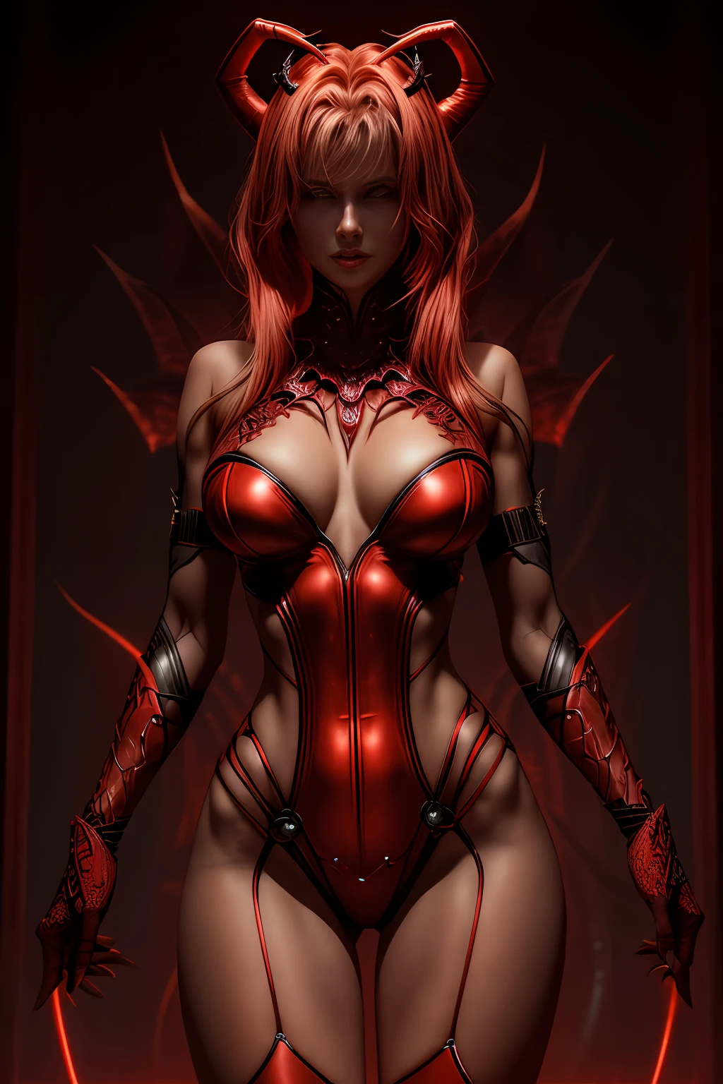 (Extremely detailed 8k wallpaper), a mid shot photo of a terrifying female succubus fear elder, confident, evil look, calm, modern futuristic clothing, complex, highly detailed, and dramatic, cinematic lighting, red skin:1.2, red glowing skin:1.2, cameltoe, subsurface scattering:1.2, soft lights