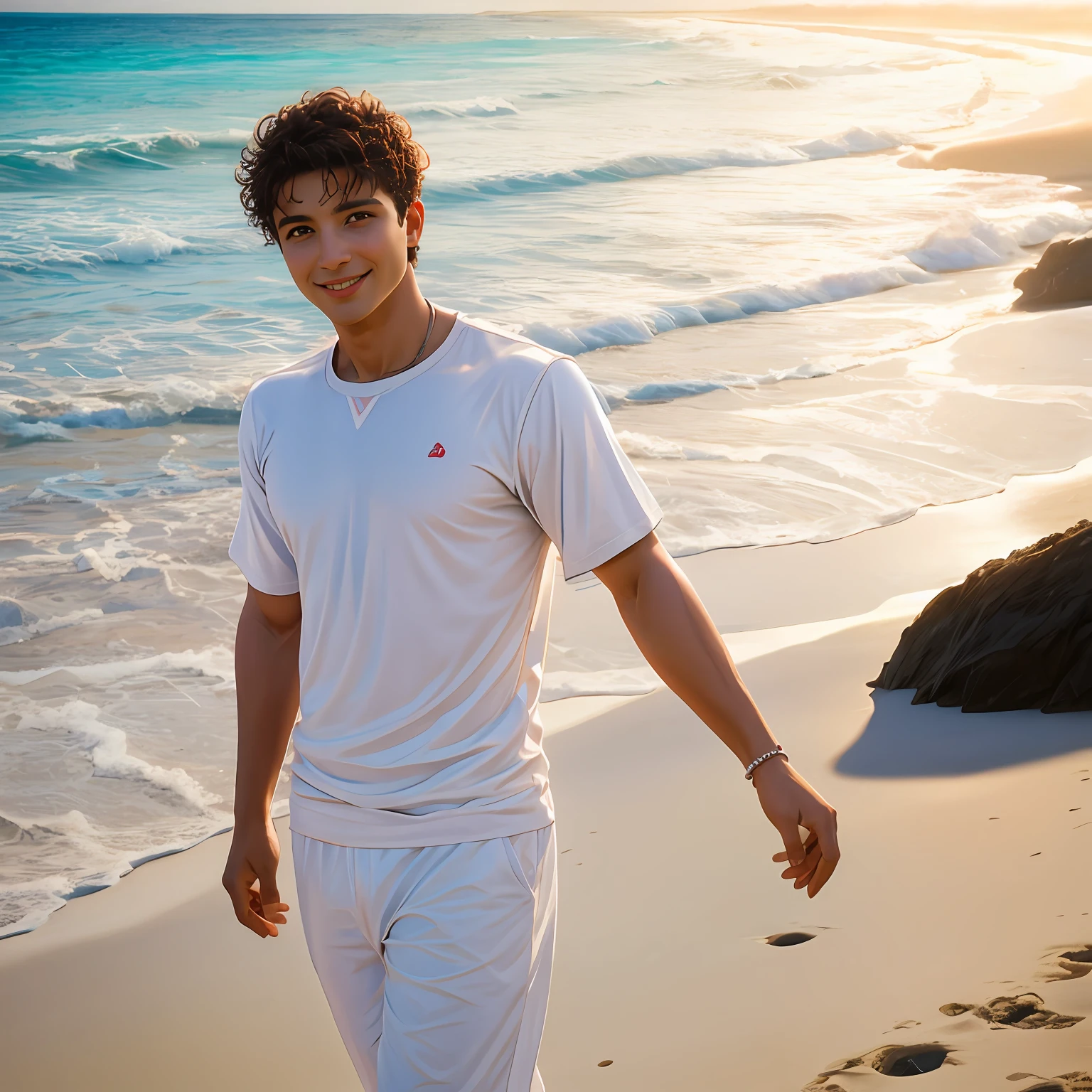 Homem branco, cabelos pretos, olhos castanhos ,vestido de bermuda e camiseta, sentado na areia da praia sorrindo, olhando o por do sol