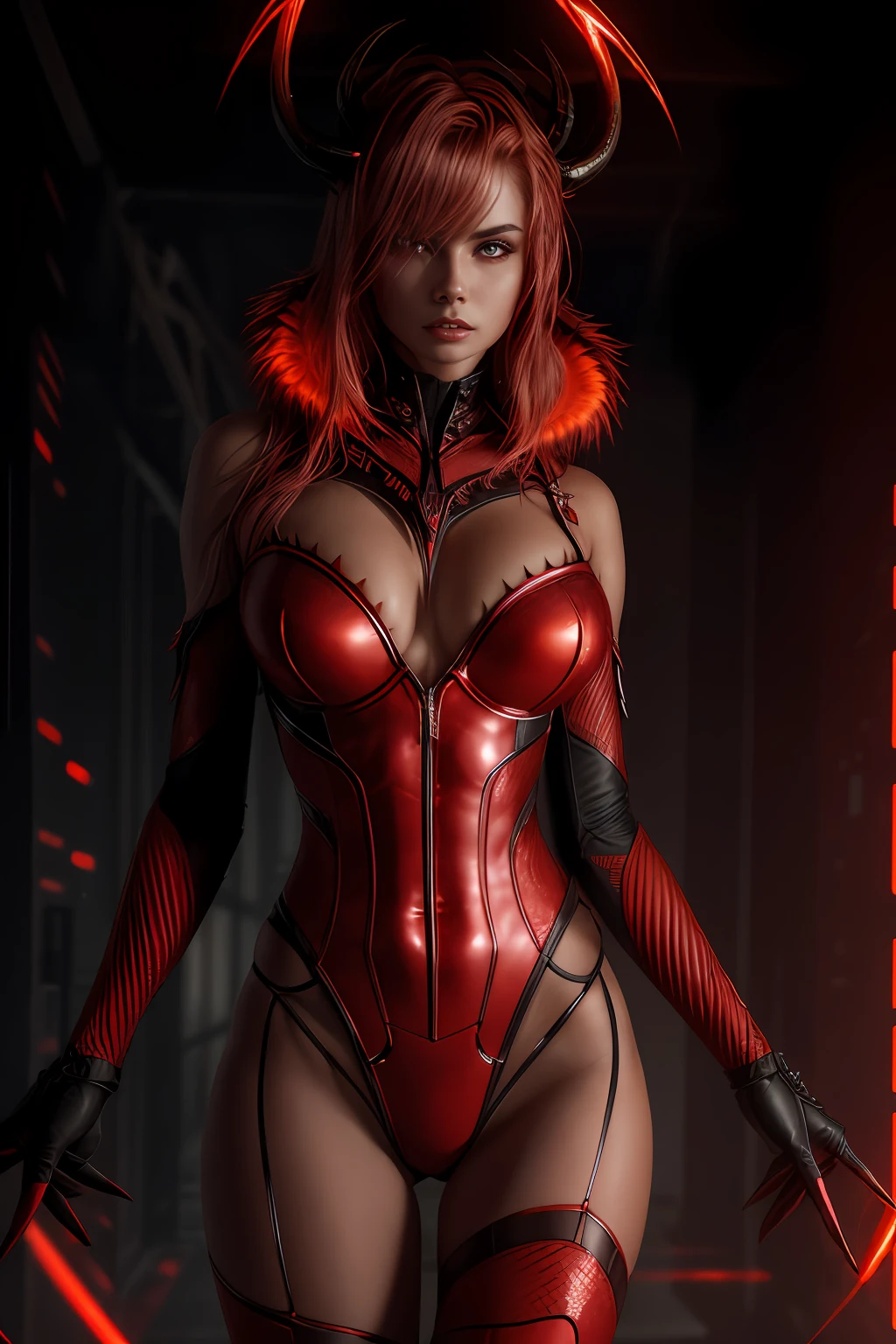 (Extremely detailed 8k wallpaper), a mid shot photo of a terrifying female succubus fear elder, confident, evil look, calm, modern futuristic clothing, complex, highly detailed, and dramatic, cinematic lighting, red skin:1.2, red glowing skin:1.2, cameltoe, subsurface scattering:1.2, soft lights