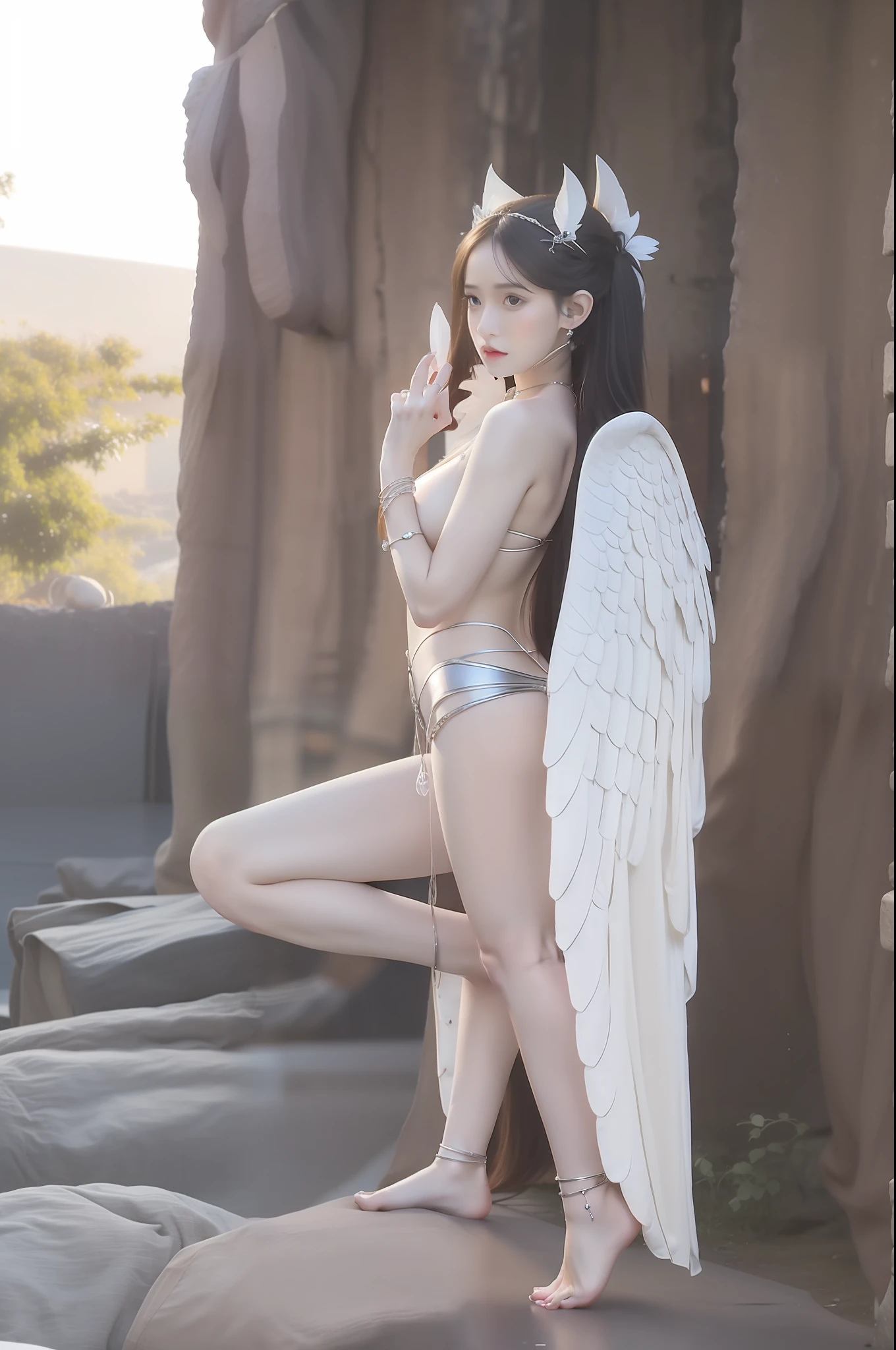 Meticulous angel wings,elvish ears,silver bracelet,Anklet detail,female pervert,Attractive eye portrayal,Finger sky,Fair long legs,See-through black silk,Skysky,thunder