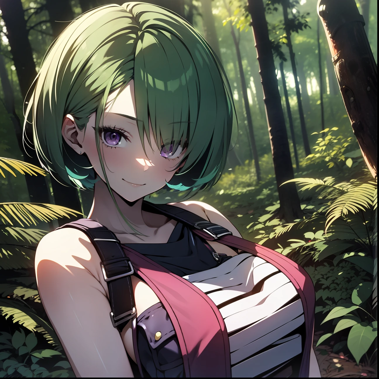 girl, ************, ligh green hair, short haircut, purple eyes, short overalls, sexy outfit, sensual, in dark forest, holding chainsaw, looking at viewer, sinister sensual smiling, semen coming out of clothes