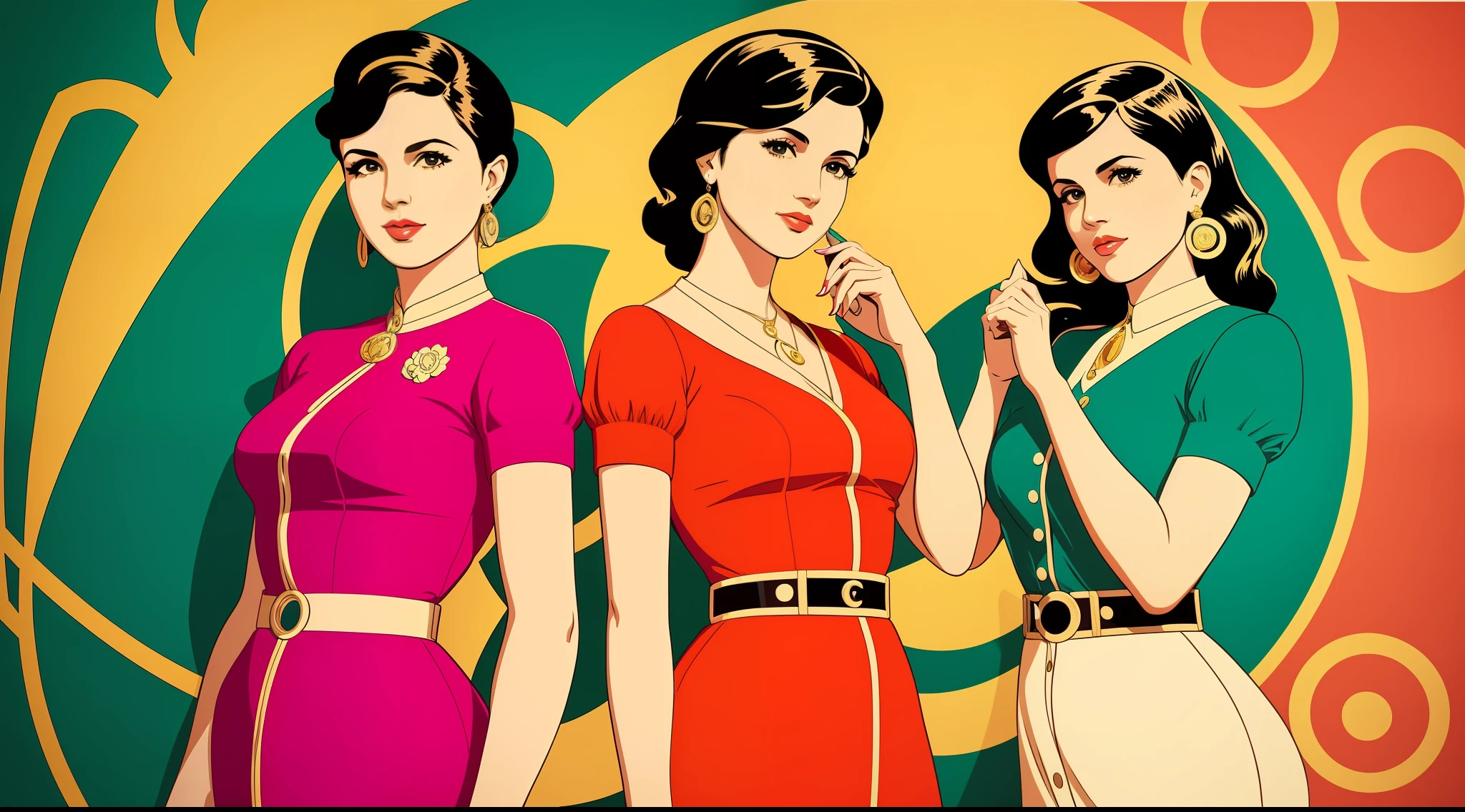 (Dos mujeres). En una imagen que mezcla pop art y estilo art nouveau. Una hermosa joven urbana en estilo pop art. Una mujer divina en estilo art nouveau. Against a background of luxury and pictorial fantasy. La belleza de hoy y de ayer. Arte magistral. Virtual photography. Imagen de cuerpo completo