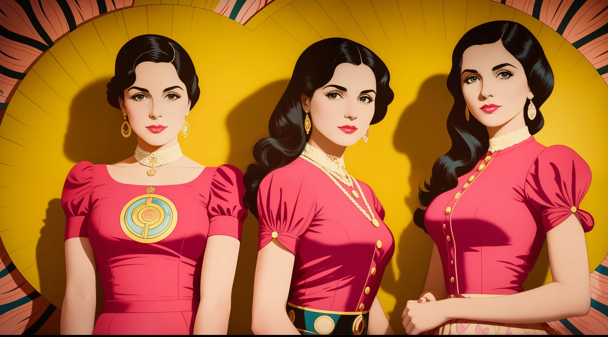 (Dos mujeres). En una imagen que mezcla pop art y estilo art nouveau. Una hermosa joven urbana en estilo pop art. Una mujer divina en estilo art nouveau. Against a background of luxury and pictorial fantasy. La belleza de hoy y de ayer. Arte magistral. Virtual photography. Imagen de cuerpo completo
