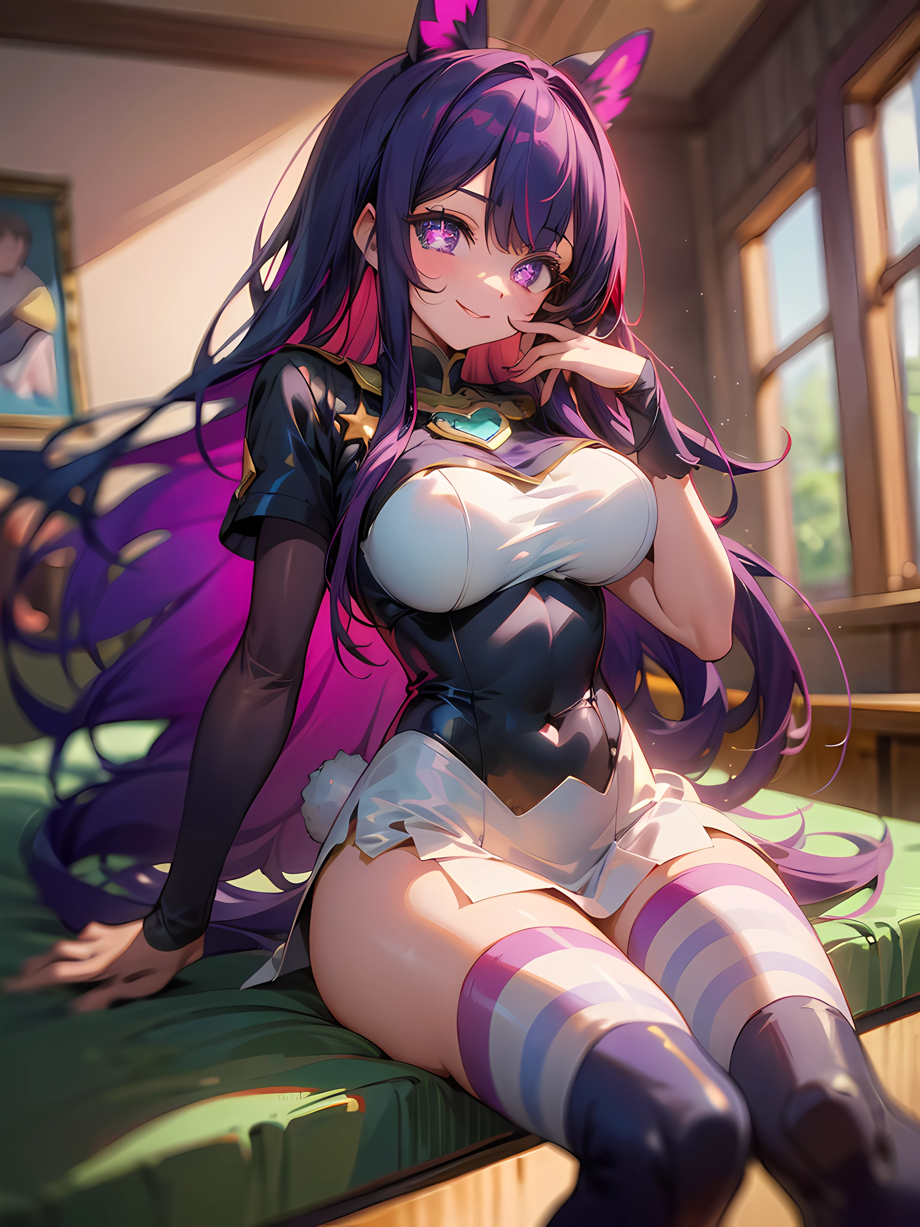 Ai Hoshino, Long hair, Purple hair, Striped hair ,Purple eyes, Star-shaped pupils,  1girll, full bodyesbian,Solo,  Purple eye,Star eyes,Sparkling eyes,Shining eyes,Star-shaped pupils,Detailed eyes, white thighhighs, Purple colored hair,Blowing hair,  looking a viewer, Breasts, full bodyesbian, Large breasts,Ray tracing, Vibrant colors, Girl, Masterpiece, Sharp focus, Best quality, Depth of field, Cinematic lighting, detailed outfits, Perfect eyes, Rich in detail and texture, Bunny Girl, Riman, Indoors, Smiling, Red hair, Colored inner hair, colored eyelashes, Long hair, Blue eyes, black sock, Smiling,