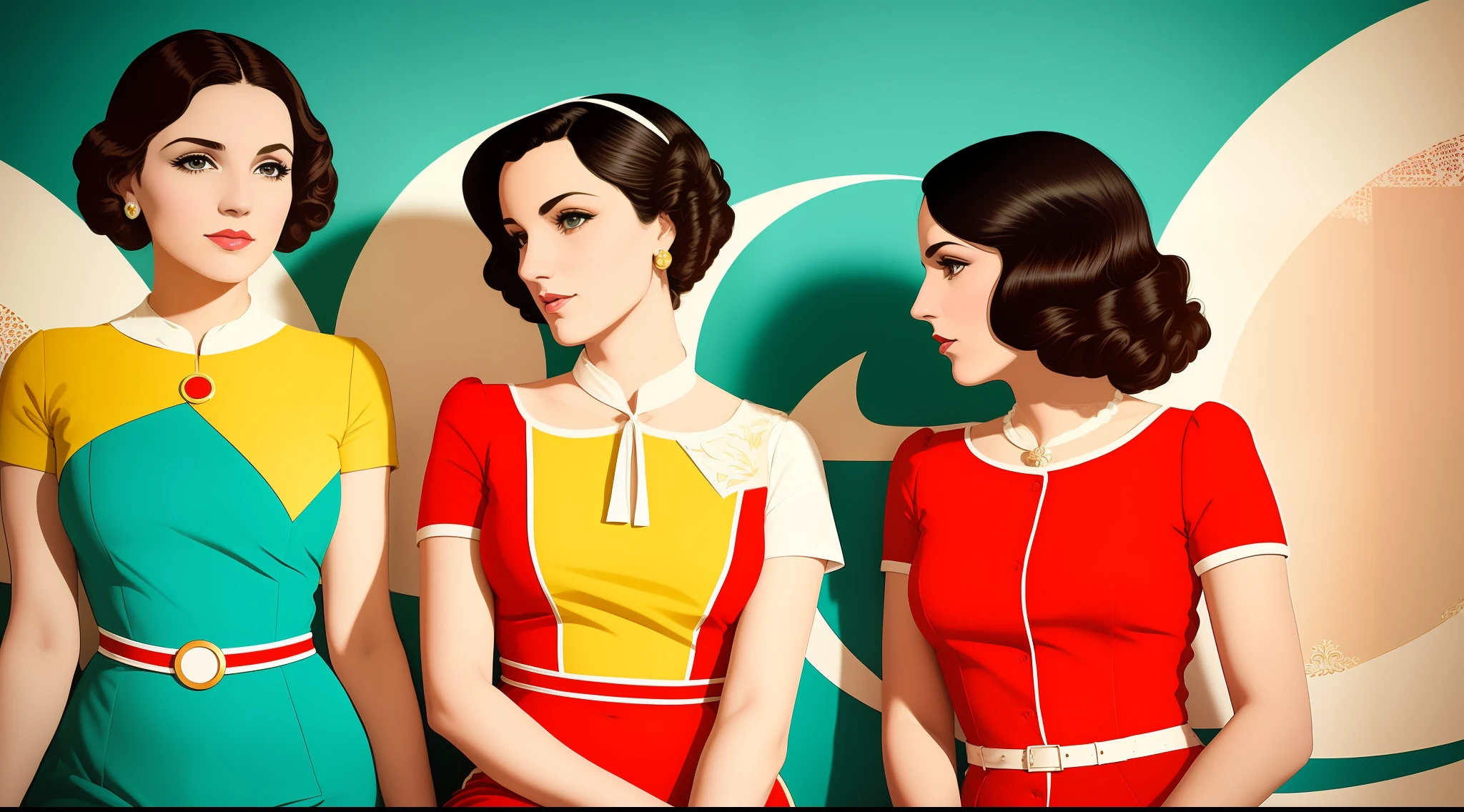 (Dos mujeres). En una imagen que mezcla pop art y estilo art nouveau. Una hermosa joven urbana en estilo pop art. Una mujer divina en estilo art nouveau. Against a background of luxury and pictorial fantasy. La belleza de hoy y de ayer. Arte magistral. Virtual photography. Imagen de cuerpo completo