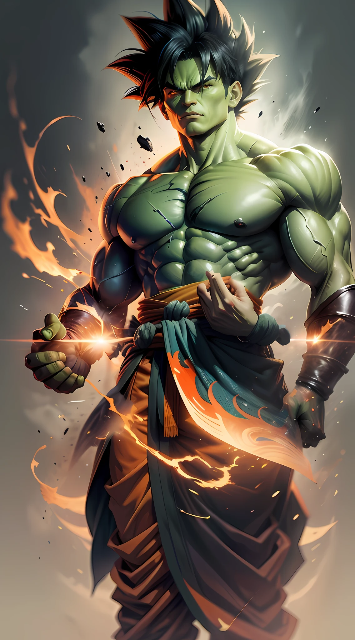 um close up de um personagem de desenho animado com fogo e chamas, son goku as the incredible hulk, Wojtek FUS, Arte digital detalhada em 4k, Trending in ArtStation 4K, epic digital art illustration, personagem de jogo de luta, Directed by: Daryush Shokof, 8k arte impressionante, epic digital painting, Arte digital altamente detalhada em 4k, Arte de fantasia 4k