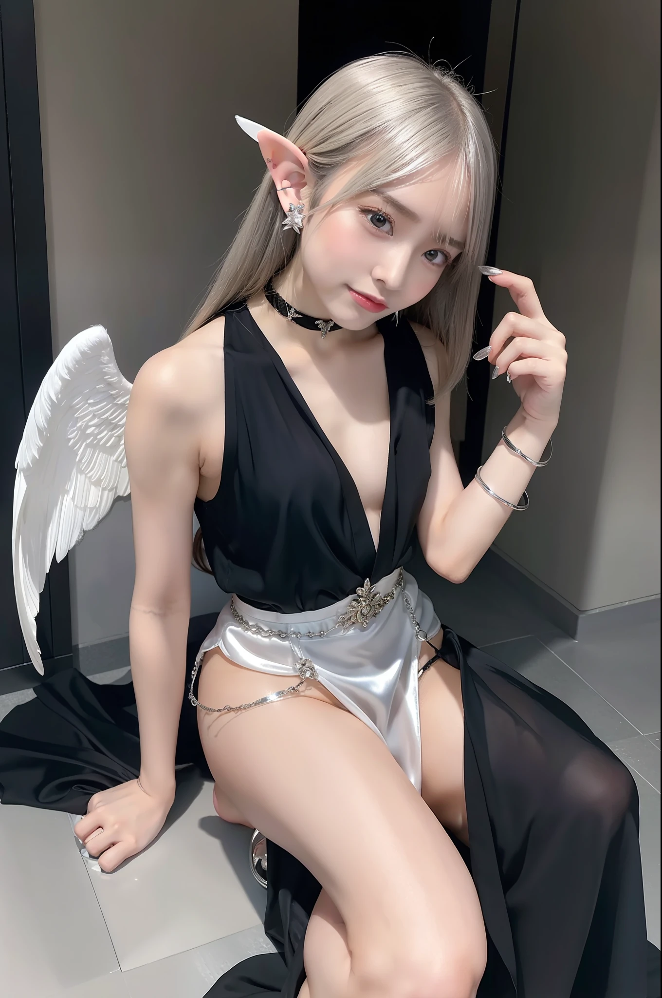 Meticulous angel wings，elvish ears，silver bracelet，Anklet detail，female pervert，Attractive eye portrayal，Finger sky，Fair long legs，See-through black silk，Skysky，thunder