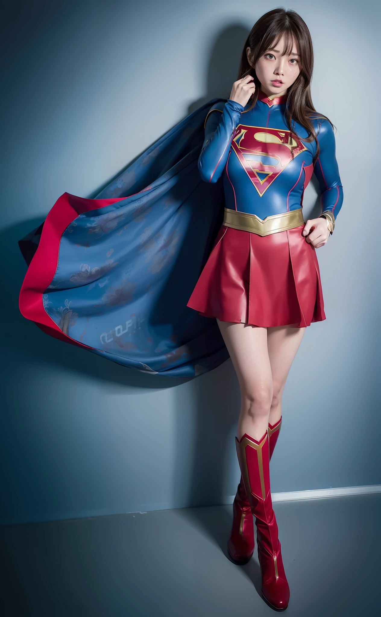 Supergirl Costume、super girl、Bishoujo Warrior、Body line enhancement、8K、top-quality、Real Image、intricate detailes、ultra-detailliert、超A high resolution、Depth Field、(Photorealsitic、realisitic:1.2)、​masterpiece、a photo of 1girl、super girl、wounded、Superhero、lying back、backs、realisitic、Super suit torn、(raunchy、bruise、Bloods:1.3)、