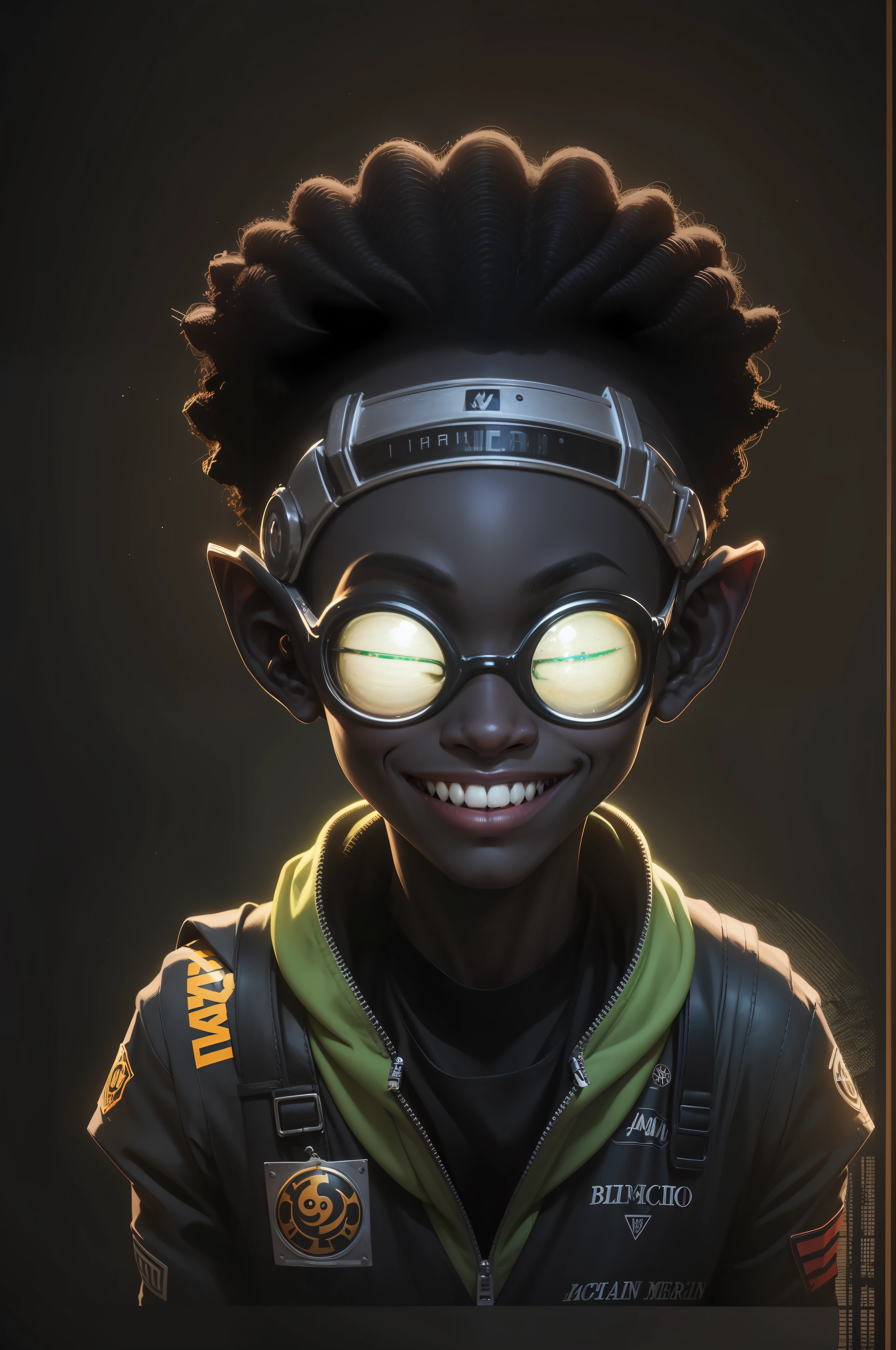 Crie um logotipo com um visual Nerd, a smiling black nerd alien, sorriso feliz, alien, majo, antenas bigs, dente de vampiro.