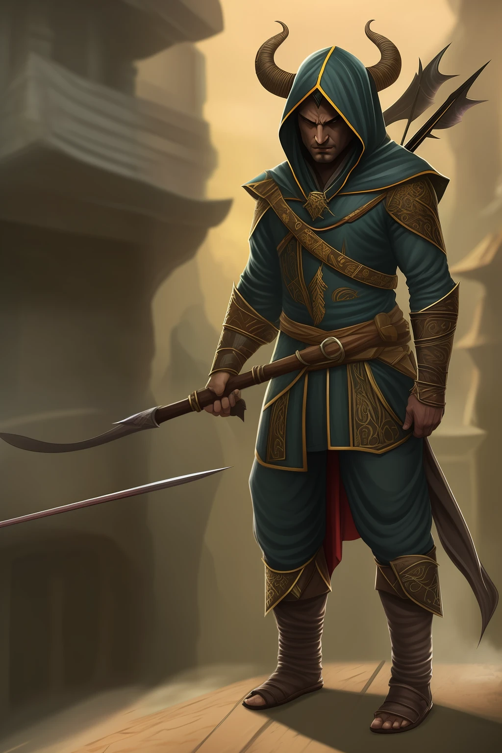 um Tiefling, a creature with demonic characteristics, with horns curved backwards. He's dressed in a set of black hooded clothes. In his right hand, ele segura uma moeda. The Tiefling is on top of a building, conveying a sense of height and mastery. on his left hand, ele empunha uma espada longa, mostrando sua habilidade em combate. Em suas costas, There is a quiver with 20 arrows and a short bow. Ademais, ele tem duas machadinhas presas na cintura.