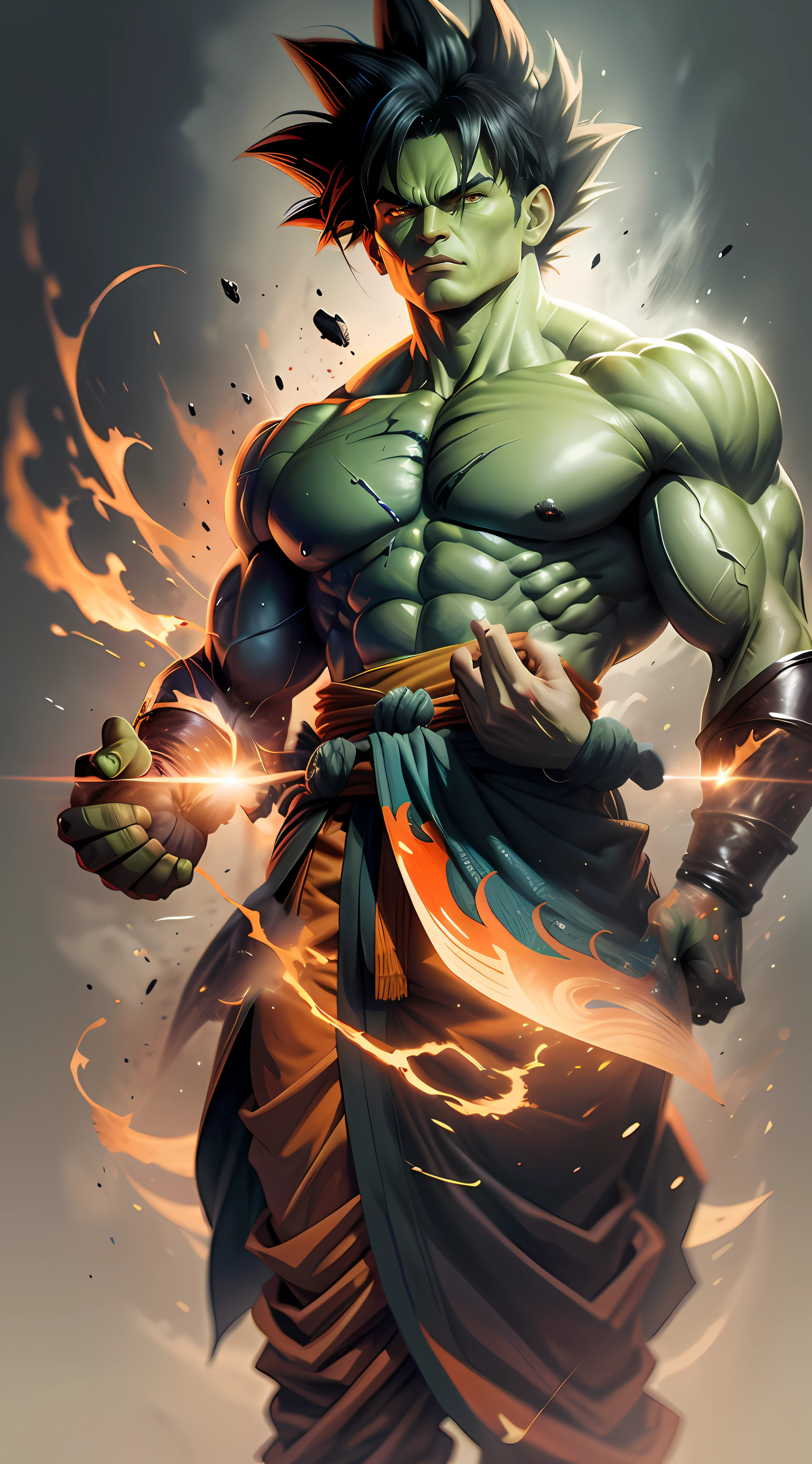 um close up de um personagem de desenho animado com fogo e chamas, son goku as the incredible hulk, Wojtek FUS, Arte digital detalhada em 4k, Trending in ArtStation 4K, epic digital art illustration, personagem de jogo de luta, Directed by: Daryush Shokof, 8k arte impressionante, epic digital painting, Arte digital altamente detalhada em 4k, Arte de fantasia 4k