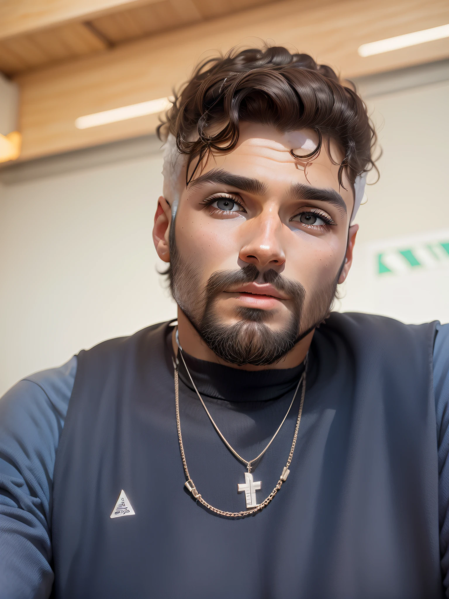 Com cabelo, barba loira e com olhos castanhos claros