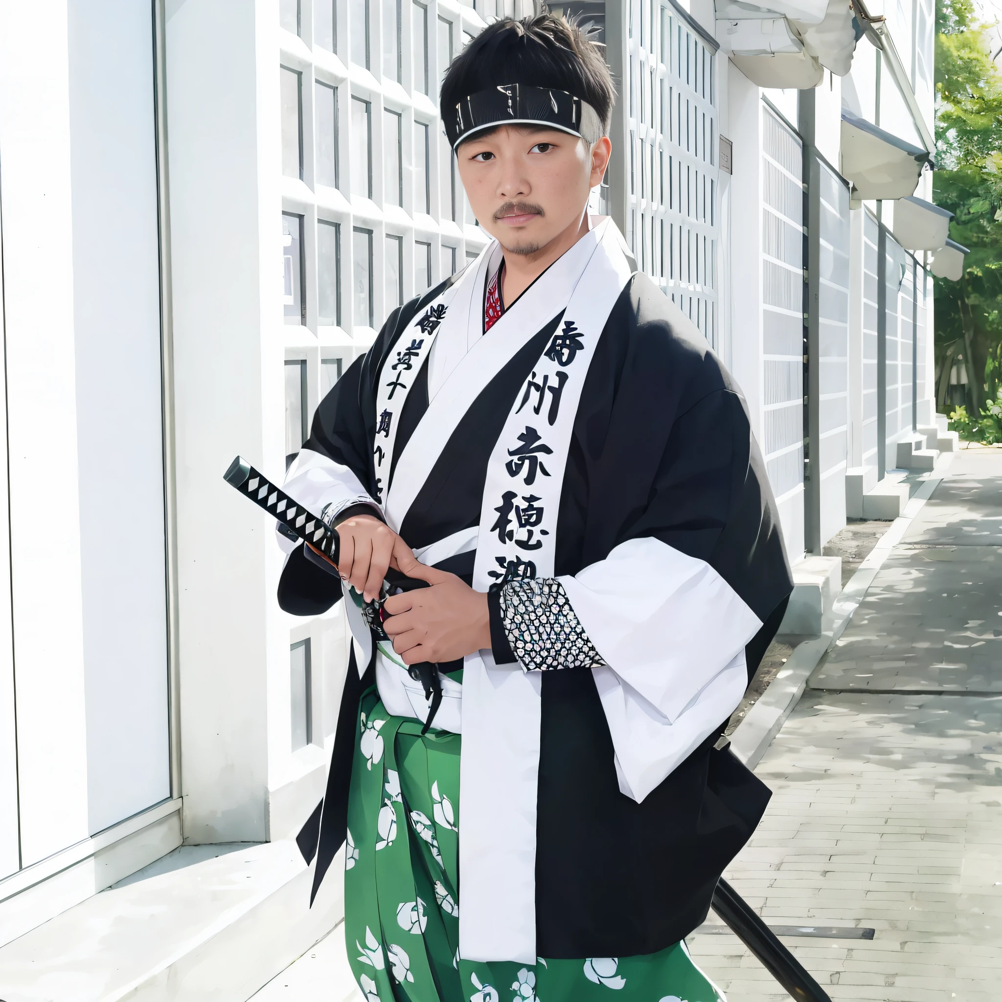 there is a man in a kimono standing on a sidewalk, daigo ikeno, wearing hakama, inspired by Itō Ogura Yonesuke, shikanosuke yagaki, inspired by Kanō Hōgai, traditional japanese, intricate hakama, samurai style, clothed in old samurai uniform