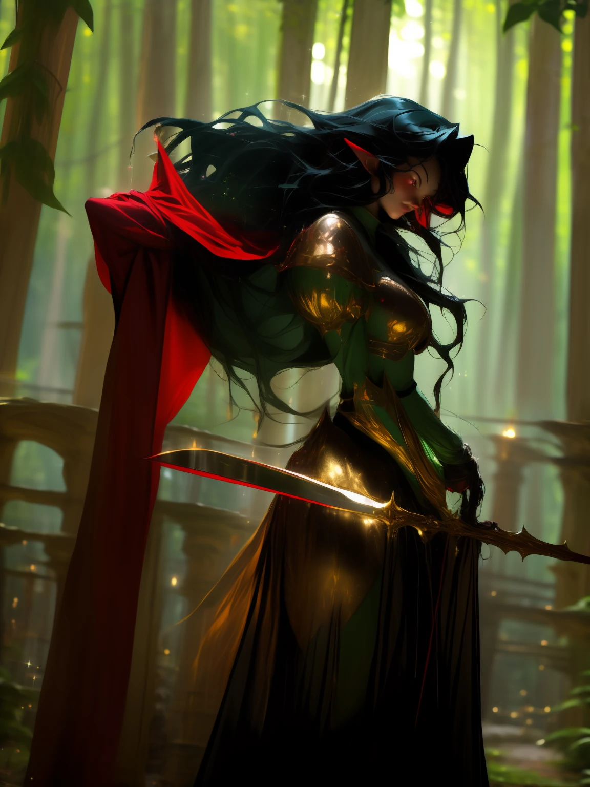 ((masterpiece)), ((best quality)), 8k, high detailed, ultra-detailed, long black hair, elven swordswoman in a Western magical setting, exuding a confident and heroic aura, ((flowing red cape)), ((mystical forest)), ((sparkling amulets)), green & gold armor,