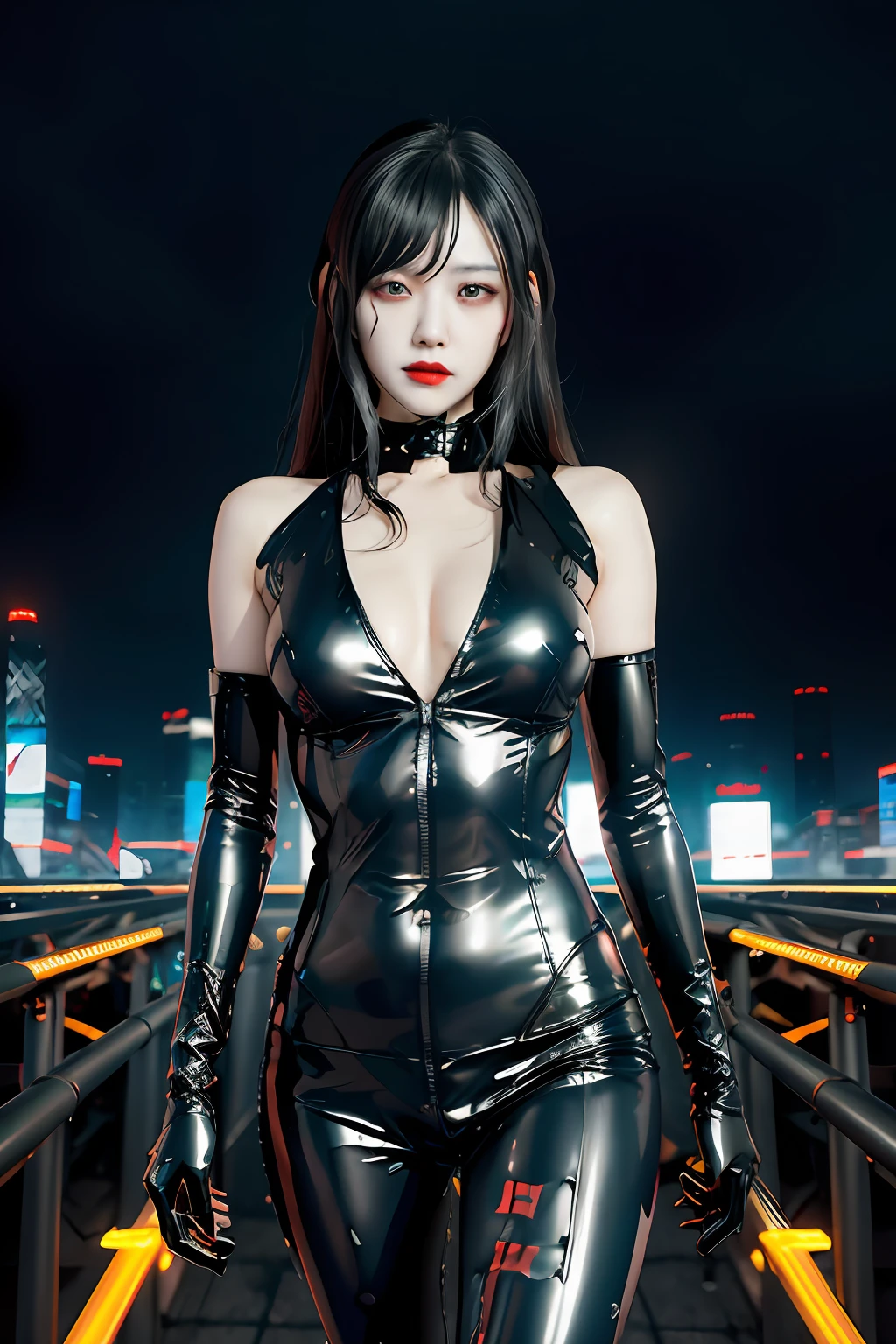 1girl,latex,Metal,led,battleframe, cyberpunk city,
