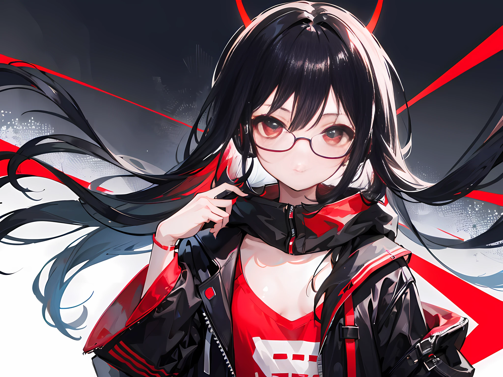 1 girl, long hair, black hair, high res, ultrasharp, 8K, masterpiece, looking at viewer, headphones, glasses, red and black theme, small chest, casual wear, in city, black cat