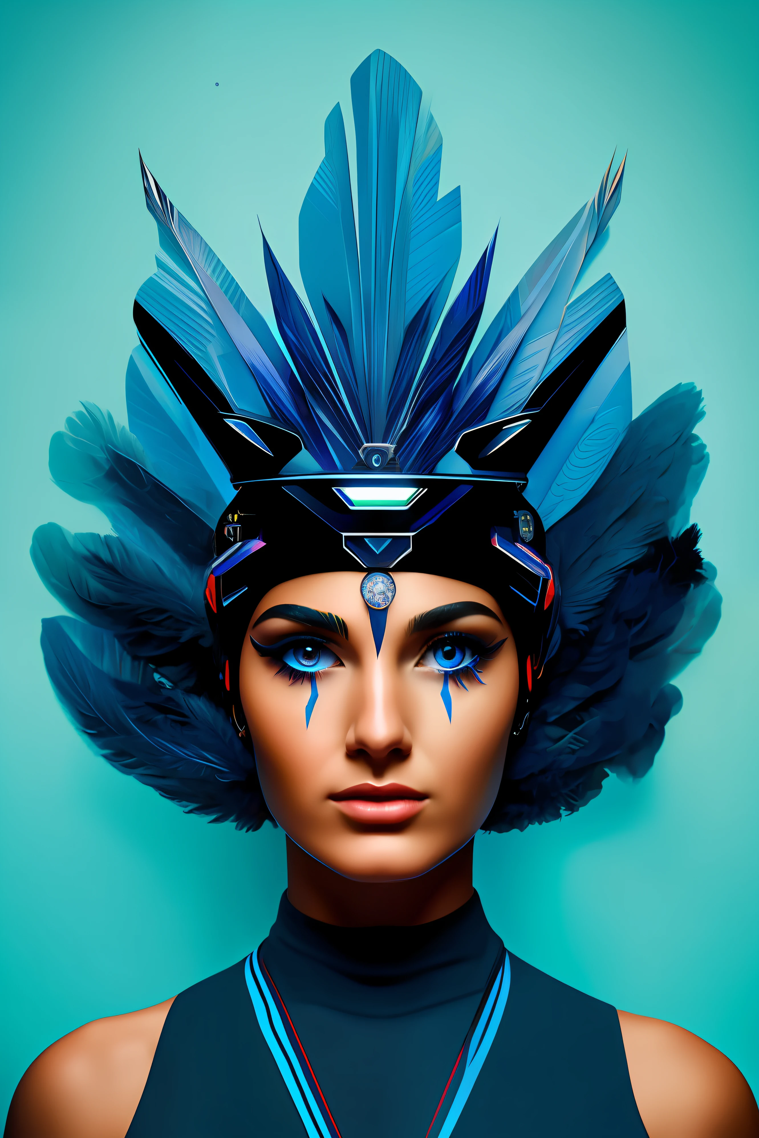 Arafed Mujer con ojos azules y plumas azules en la cabeza, Retrato de mujer futurista, Retrato Hermosa Sci - FI Girl, Retrato cuerpo entero de Vogue, mujer futurista de moda, rostro simetrico, SciFi, Karol behind UHD, Aspecto futurista, Retrato futurista Solder Girl, Symmetrical painted face, portrait of a sci - fi woman