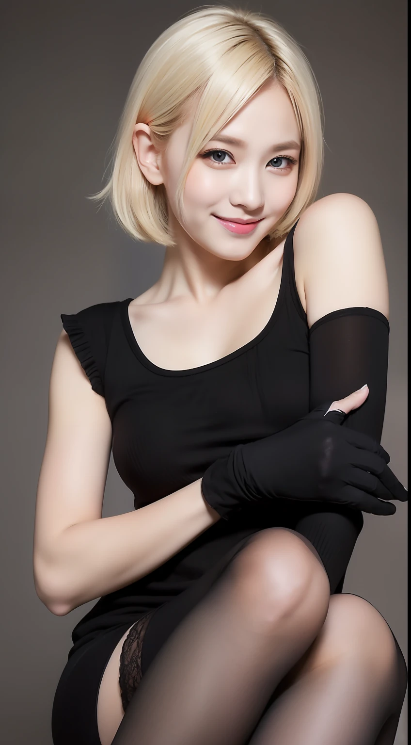 (masterpiece), best quality, expressive eyes, perfect face, black stocking, black tanktop, armpit, little smile , gloves, blonde