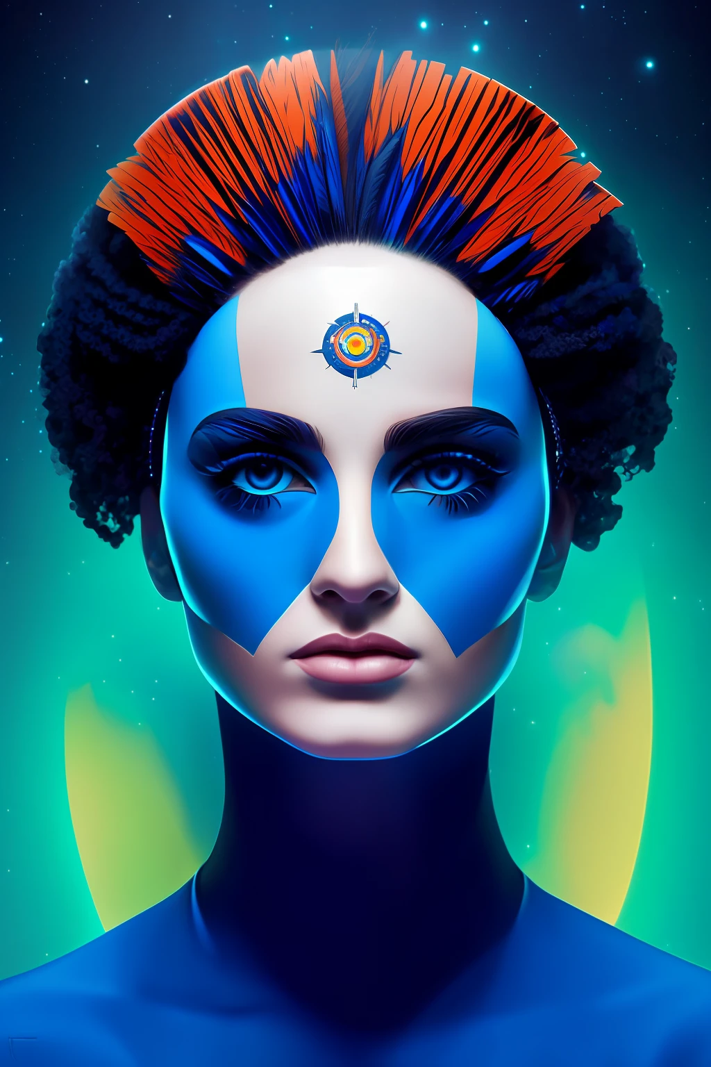 Arafed Mujer con ojos azules y plumas azules en la cabeza, Retrato de mujer futurista, Retrato Hermosa Sci - FI Girl, Retrato cuerpo entero de Vogue, mujer futurista de moda, rostro simetrico, SciFi, Karol behind UHD, Aspecto futurista, Retrato futurista Solder Girl, Symmetrical painted face, portrait of a sci - fi woman