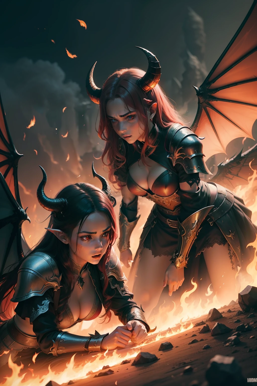 Two young women in demon robes with horns and wings fight flames on an epic battlefield, high resolution in 8K, lodernde Flammen, Fantasy Armor, epischer Kampf, Bosskampf, MMORPG. hochdetaliertes gesicht