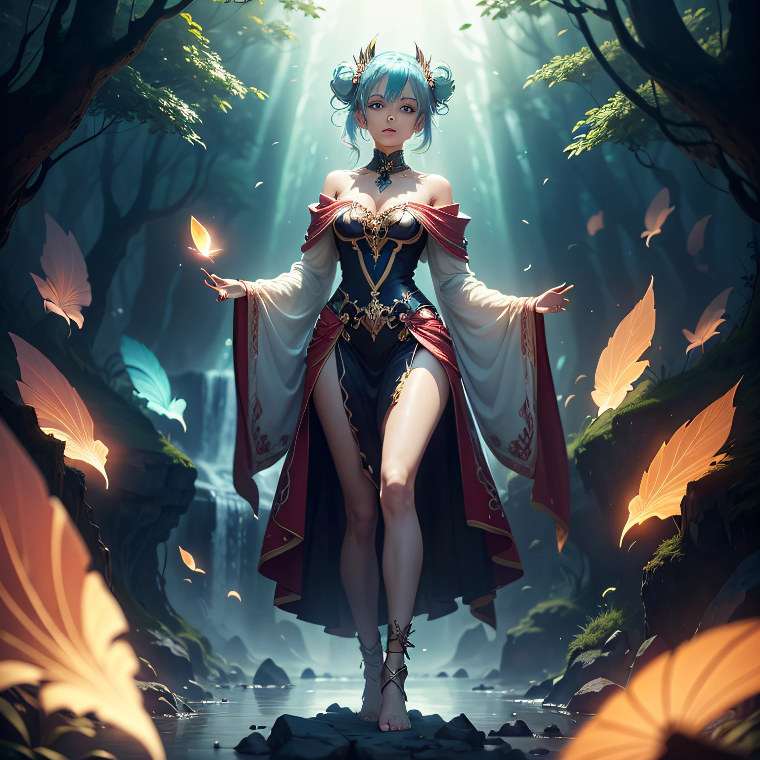 (masterpiece, best quality, beautiful anime art:1.4) unusual_fantasy_world, 1girl, medium_shot, mysterious_expression, standing_on_floating_island, birdseye_view, magical_glow, dreamy_pastels, ethereal_hues, floating_islands, waterfalls, lush_vegetation, whimsical, enchanting, flowing_robes, elaborate_accessories, decorative_anklets, bare_feet, elaborate_updo, colorful_hair_accessories, glowing_eyes, heterochromia, floating_crystals, flying_creatures, ethereal_landscape, fantasy_elements, mystical_aura, otherworldly_beauty, cinematic light, (sharp focus:1.6), highly detailed, ultra realistic, 8k