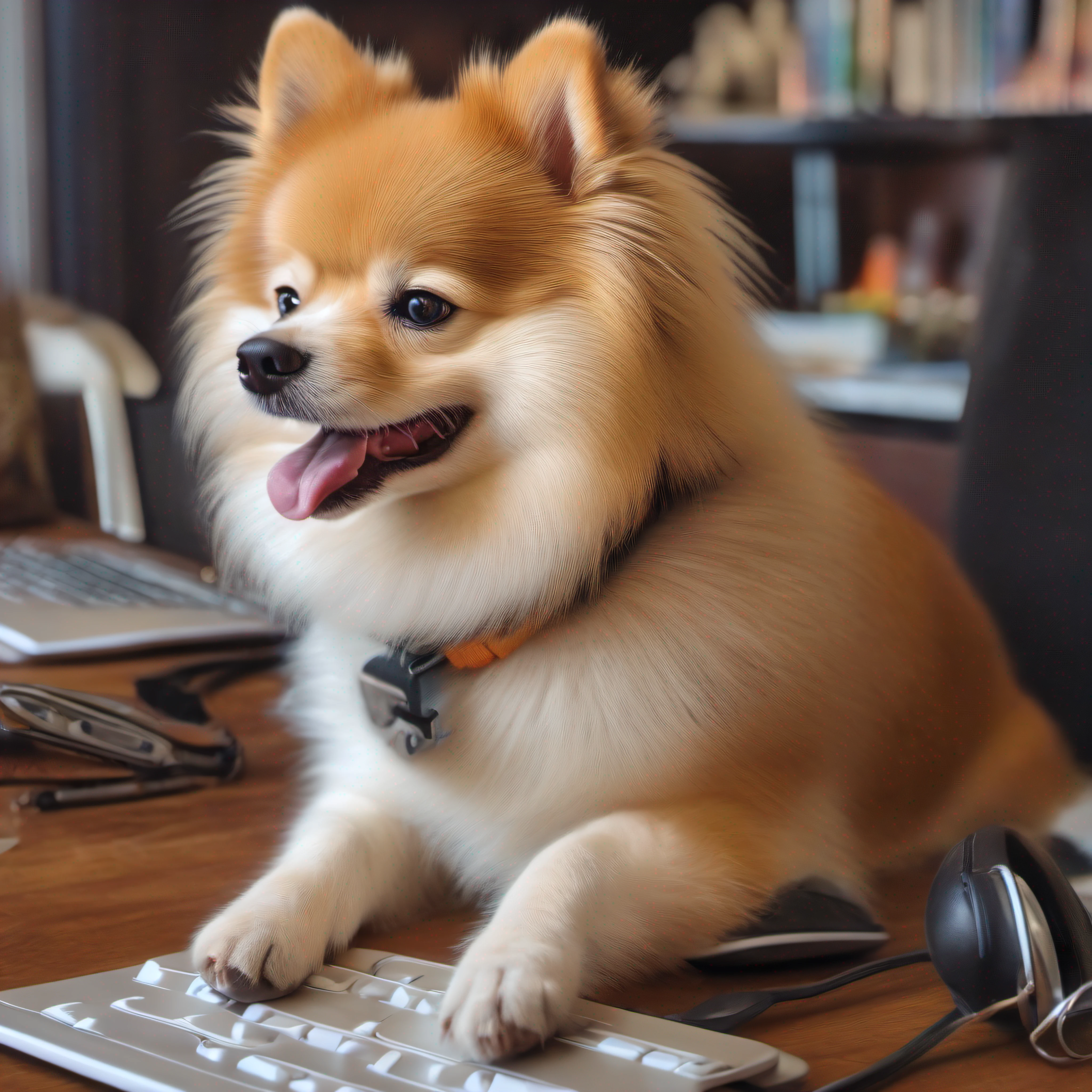 (Foto bruta:1.3) de (Ultrarealista:1.3),(Feliz:1.3) German spitz dog, sentado na cadeira perto da mesa, feliz, tongue stickout, (dog working with computer: 1.3), altamente detalhado