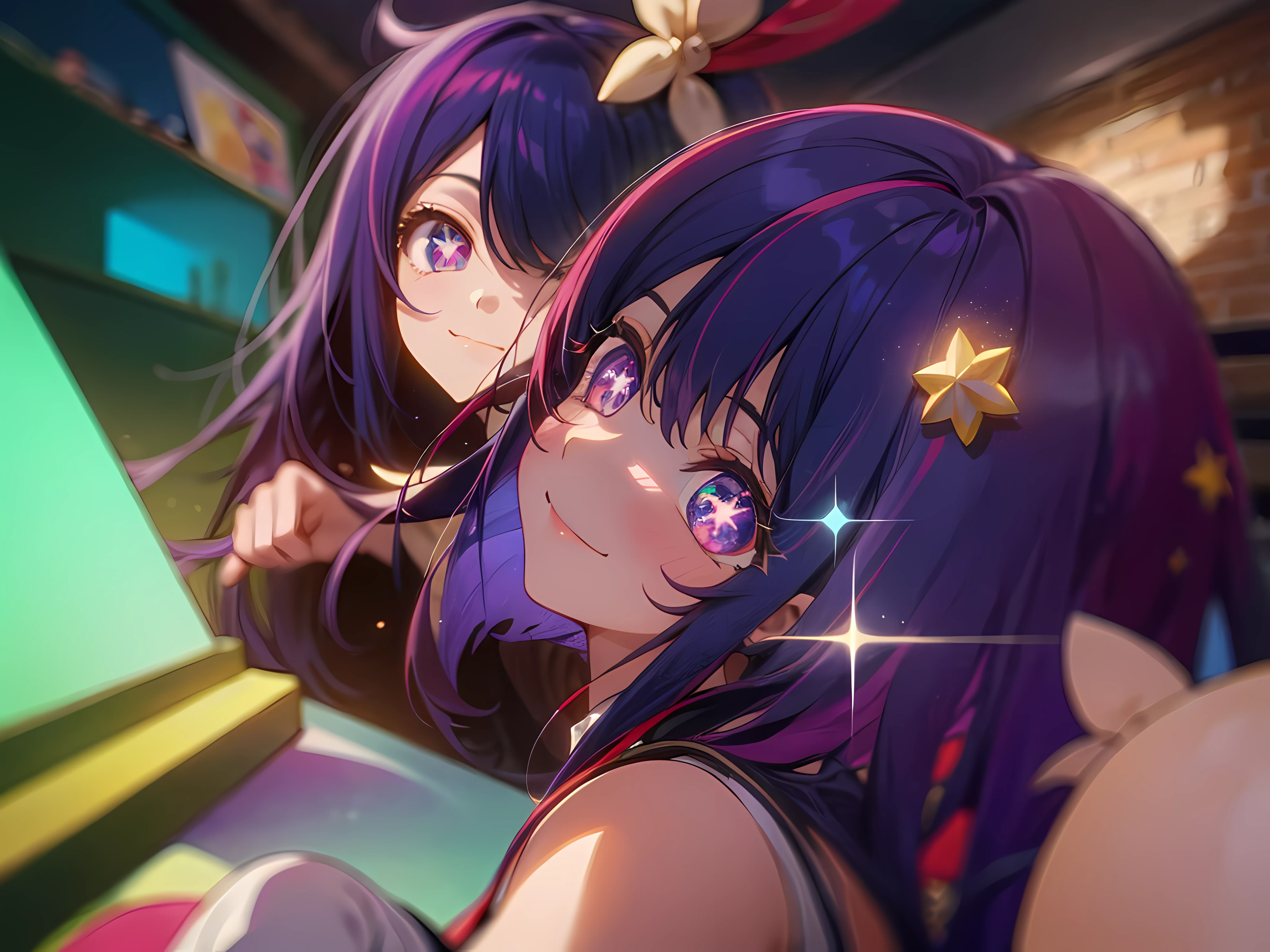 Ai Hoshino, Long hair, Purple hair, Striped hair ,Purple eyes, Star-shaped pupils,  1girll, full bodyesbian,Solo,  Purple eye,Star eyes,Sparkling eyes,Shining eyes,Star-shaped pupils,Detailed eyes, white thighhighs, Purple colored hair,Blowing hair,  looking a viewer, Breasts, full bodyesbian, Large breasts,Ray tracing, Vibrant colors, Girl, Masterpiece, Sharp focus, Best quality, Depth of field, Cinematic lighting, detailed outfits, Perfect eyes, Rich in detail and texture, Bunny Girl, Riman, Indoors, Smiling, Red hair, Colored inner hair, colored eyelashes, Long hair, Blue eyes, black sock, Smiling,