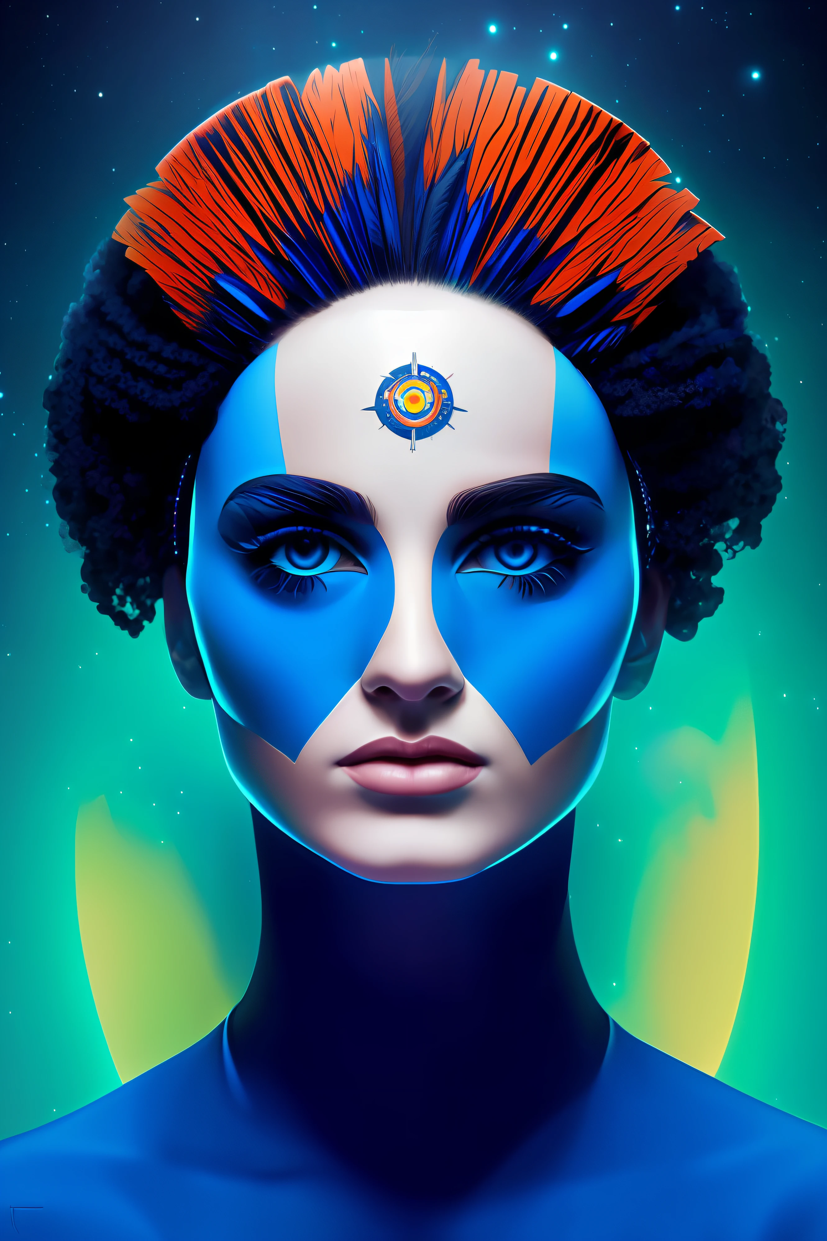 Arafed Mujer con ojos azules y plumas azules en la cabeza, Retrato de mujer futurista, Retrato Hermosa Sci - FI Girl, Retrato cuerpo entero de Vogue, mujer futurista de moda, rostro simetrico, SciFi, Karol behind UHD, Aspecto futurista, Retrato futurista Solder Girl, Symmetrical painted face, portrait of a sci - fi woman