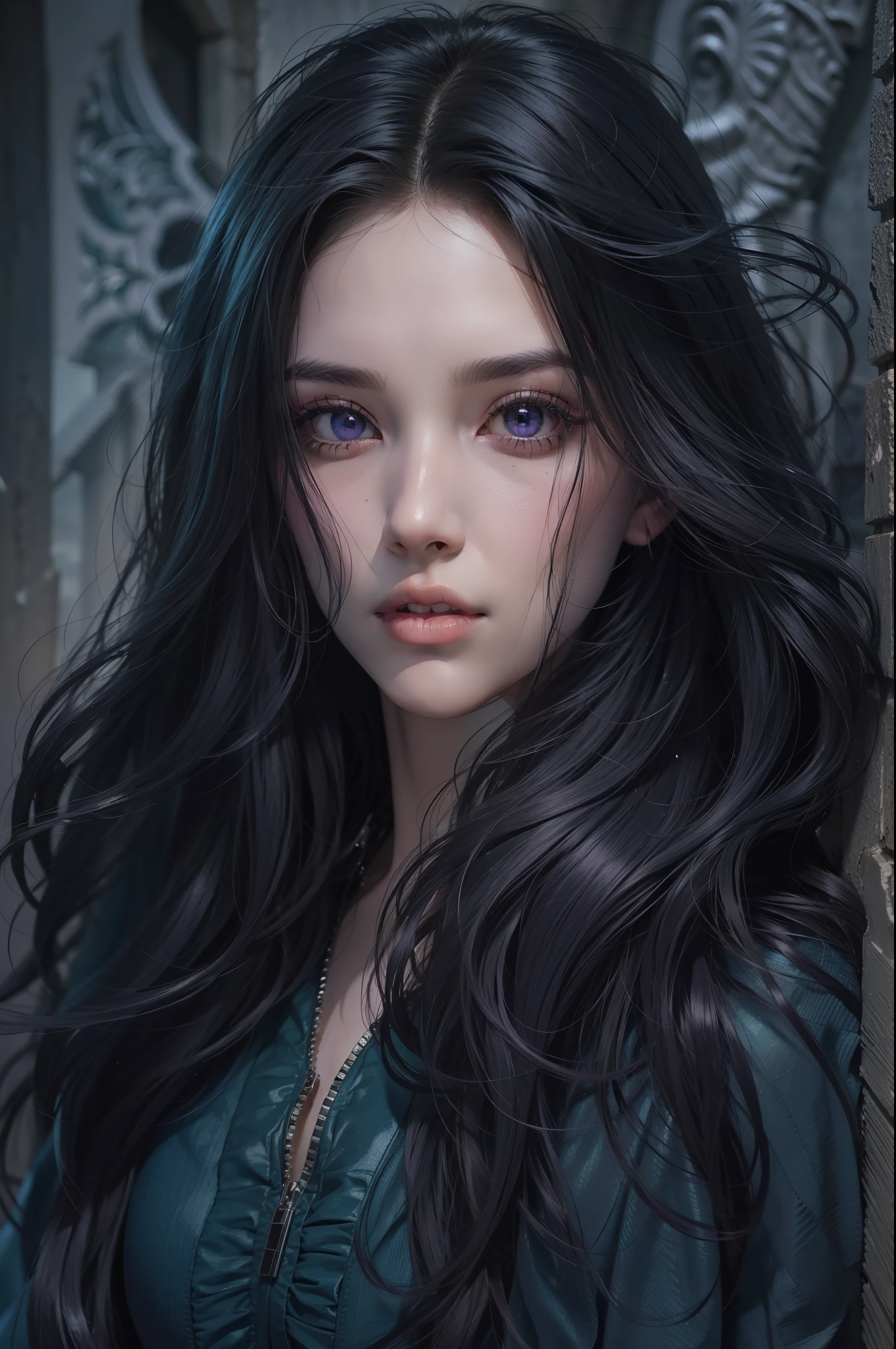 obra prima, a melhor qualidade, ultra detalhado, Beautiful woman with long black hair and violet eyes shiny as contings, In the background there is a cemetery at night, rosto forte, labios fechados, cabelos pretos, Ela possui longos cabelos preto que caem suavemente sobre seu vestido. The upper part of his body is sculpted to perfection. "