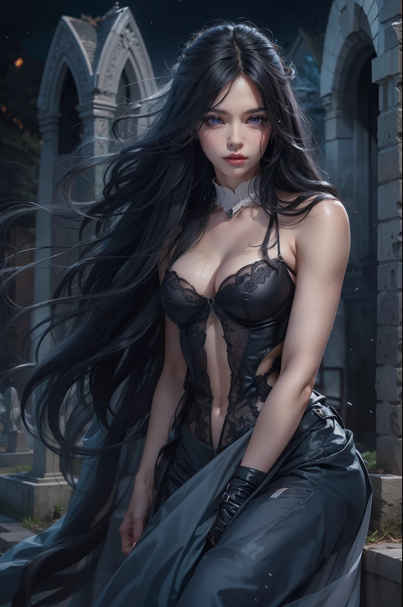 obra prima, a melhor qualidade, ultra detalhado, Beautiful woman with long black hair and violet eyes shiny as contings, In the background there is a cemetery at night, rosto forte, labios fechados, cabelos pretos, Ela possui longos cabelos preto que caem suavemente sobre seu vestido. The upper part of his body is sculpted to perfection. "
