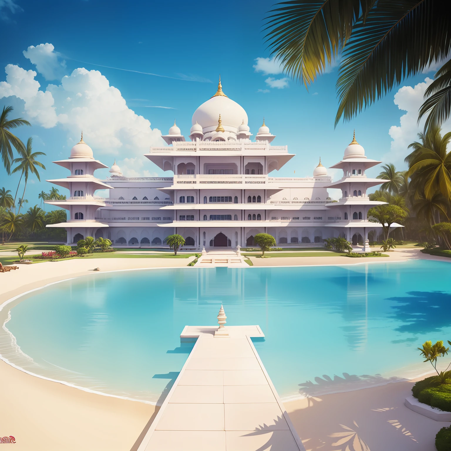 indian hindu grand royal white palace, tropical island, sunny, anime style, indian aesthetics, hindu aesthetics