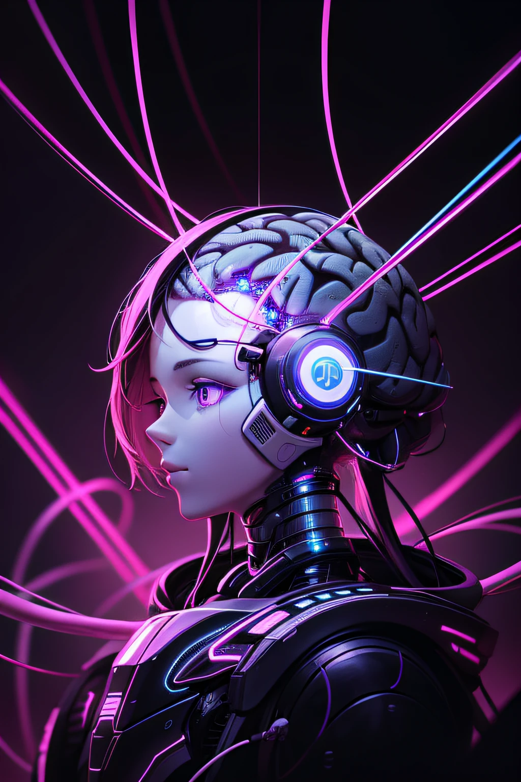 brain connected to cables, artificial intelligence, high resolution, 4k, high definition, rich in detail, neon lights