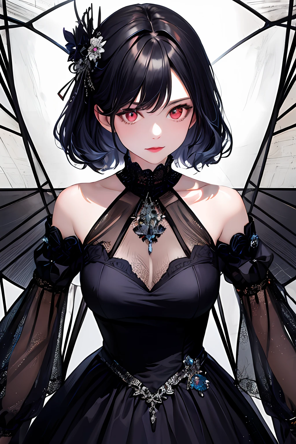 (masterpiece, top quality, best quality, official art, beautiful and aesthetic:1.2),
cateyes,1girl, solo, long hair, hair between eyes, dress,closed mouth, black hair, looking at viewer, smile, detached sleeves, red eyes, bare shoulders, hair ornament, black dress, upper body, purple dress, bangs, necklace, breasts, jewelry, slit pupils, long sleeves,
extreme detailed,highest detailed, optical mixing, playful patterns, lively texture, unique visual effect
