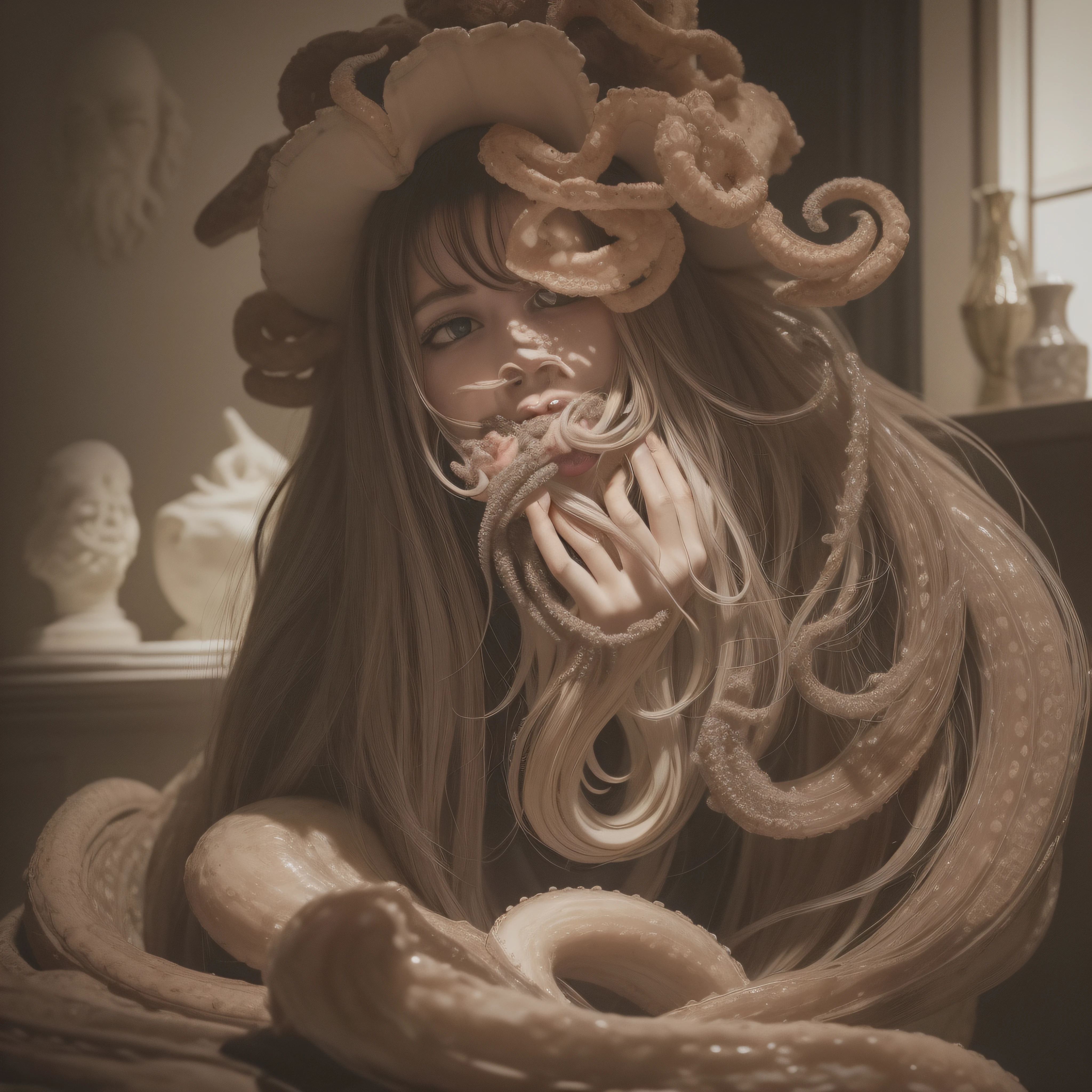 (extremadamente detallado, obra maestra, La mejor calidad), Estilo oscuro, intense illumination, rostro con arrugas, lengua larga, tentacle, deforme, monstruoso, interior de una piscina de agua verdosa, imagen submarina, alien con Colmillos finos, pico de pulpo amenazante. manchas de tinta. Rococo composition. Luz de caravaggio