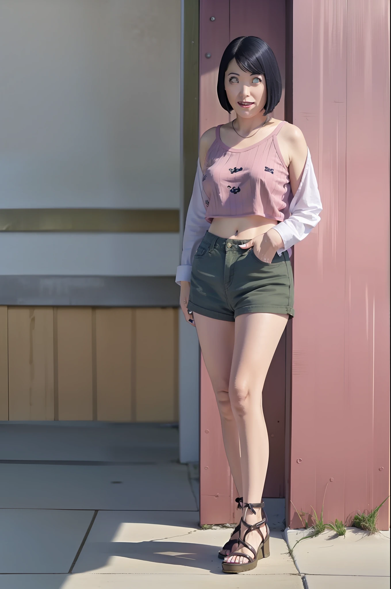 Female, standing on beach street, wearing pink hotpants, smile, Dark blue hair, red lips, photorealistic, masterpiece