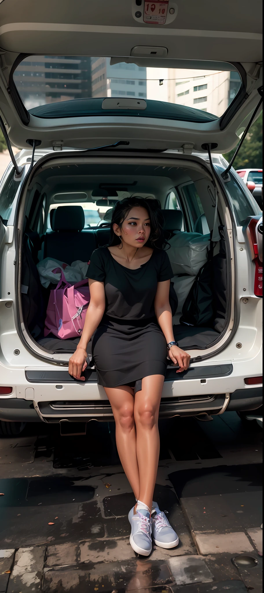 arafed woman sitting in the trunk of a car with luggage in the trunk, cindy avelino, candid photo, 23 years old, profile picture, 2 2 years old, 🤬 🤮 💕 🎀, hd face