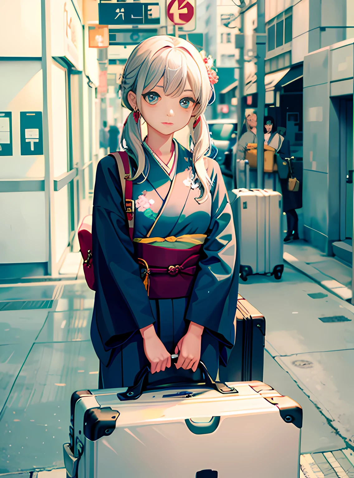 A girl in a kimono carries luggage with clear eyes and sad luggage