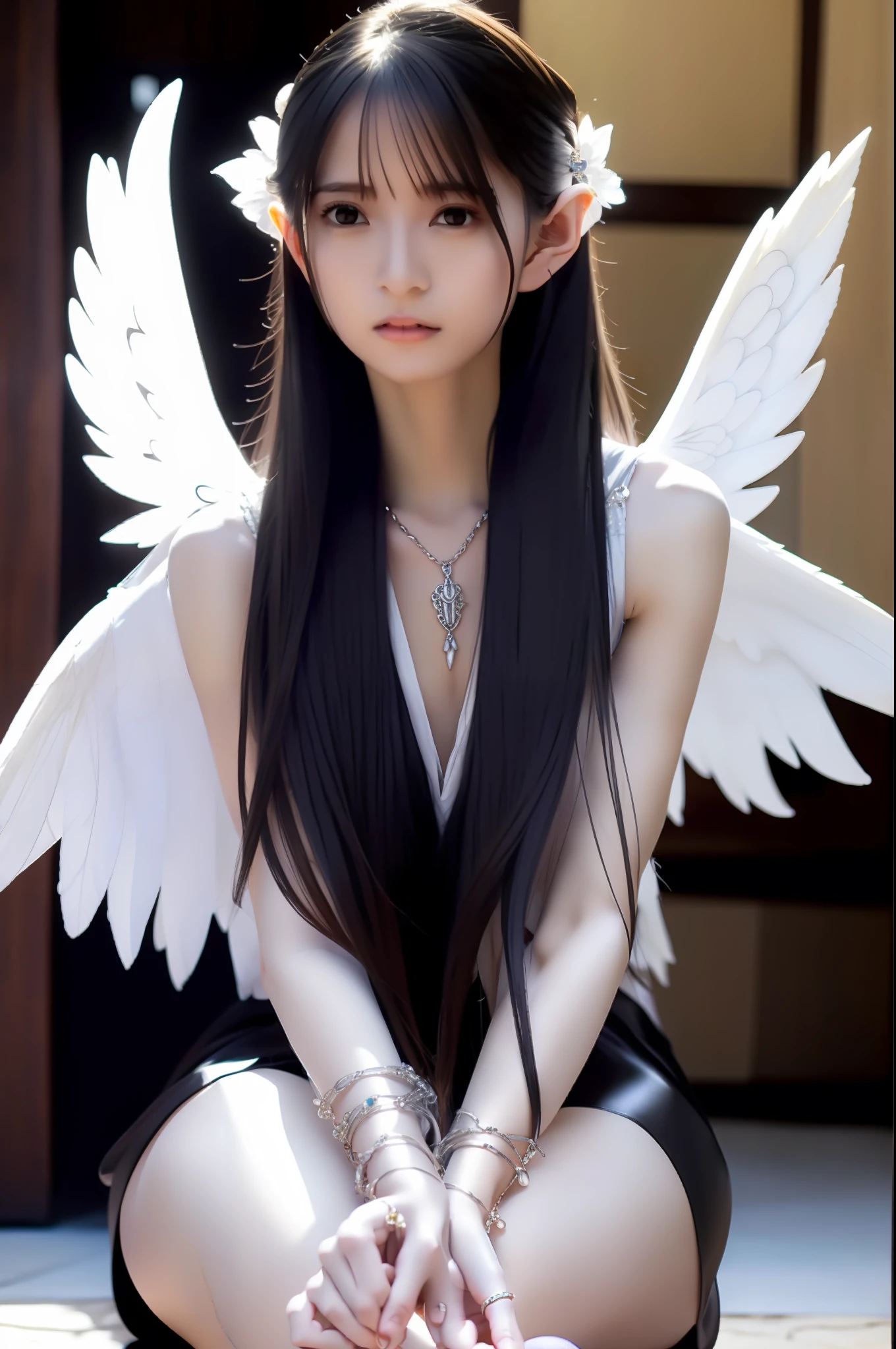 Meticulous angel wings,elvish ears,silver bracelet,Anklet detail,female pervert,Attractive eye portrayal,Finger sky,Fair long legs,See-through black silk,Skysky,thunder