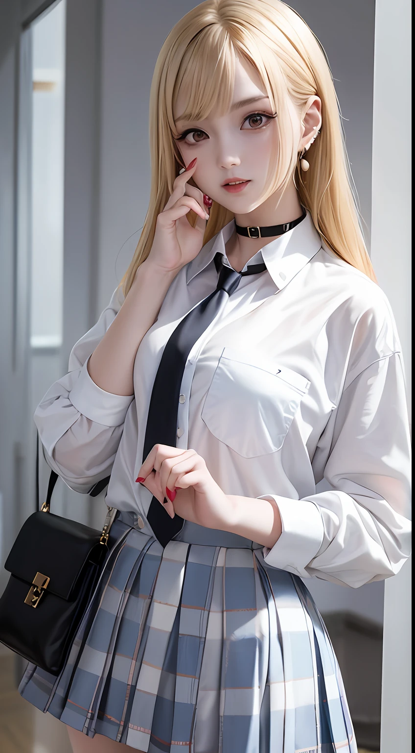 1girl, Marin Kitagawa, long hair, blonde hair, red eyes, piercing, earrings, ear piercing, stud earrings, black choker, loose necktie, school uniform, white collared shirt, blue skirt, pleated skirt, plaid skirt, wrist scrunchie, long fingernails, pink nails, nail art, (masterpiece:1.2), highres, best quality, 8k, very clear,